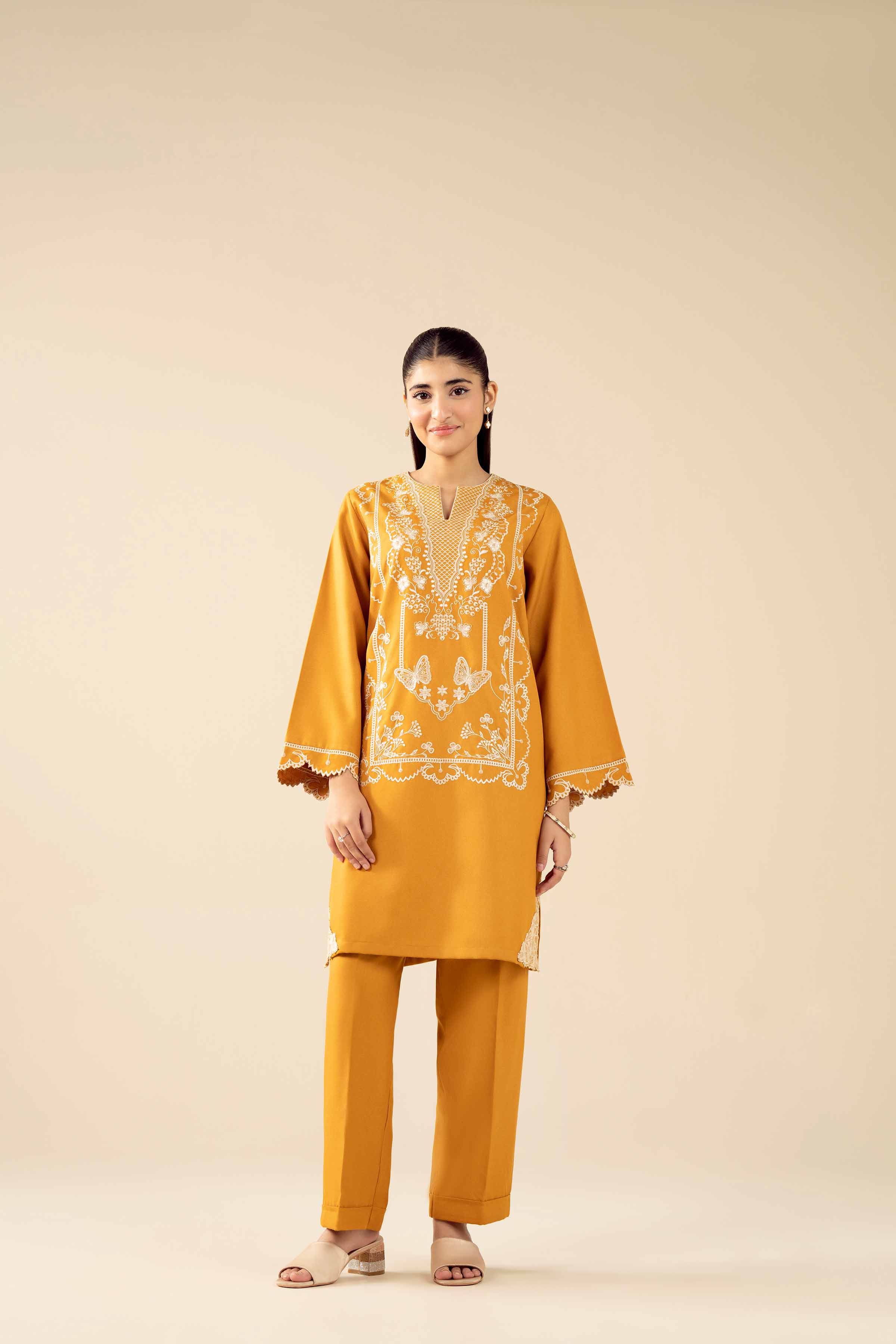 2 Piece - Embroidered Suit - PW25-324 READY TO WEAR Yellow Poshak 2PC Embroidered