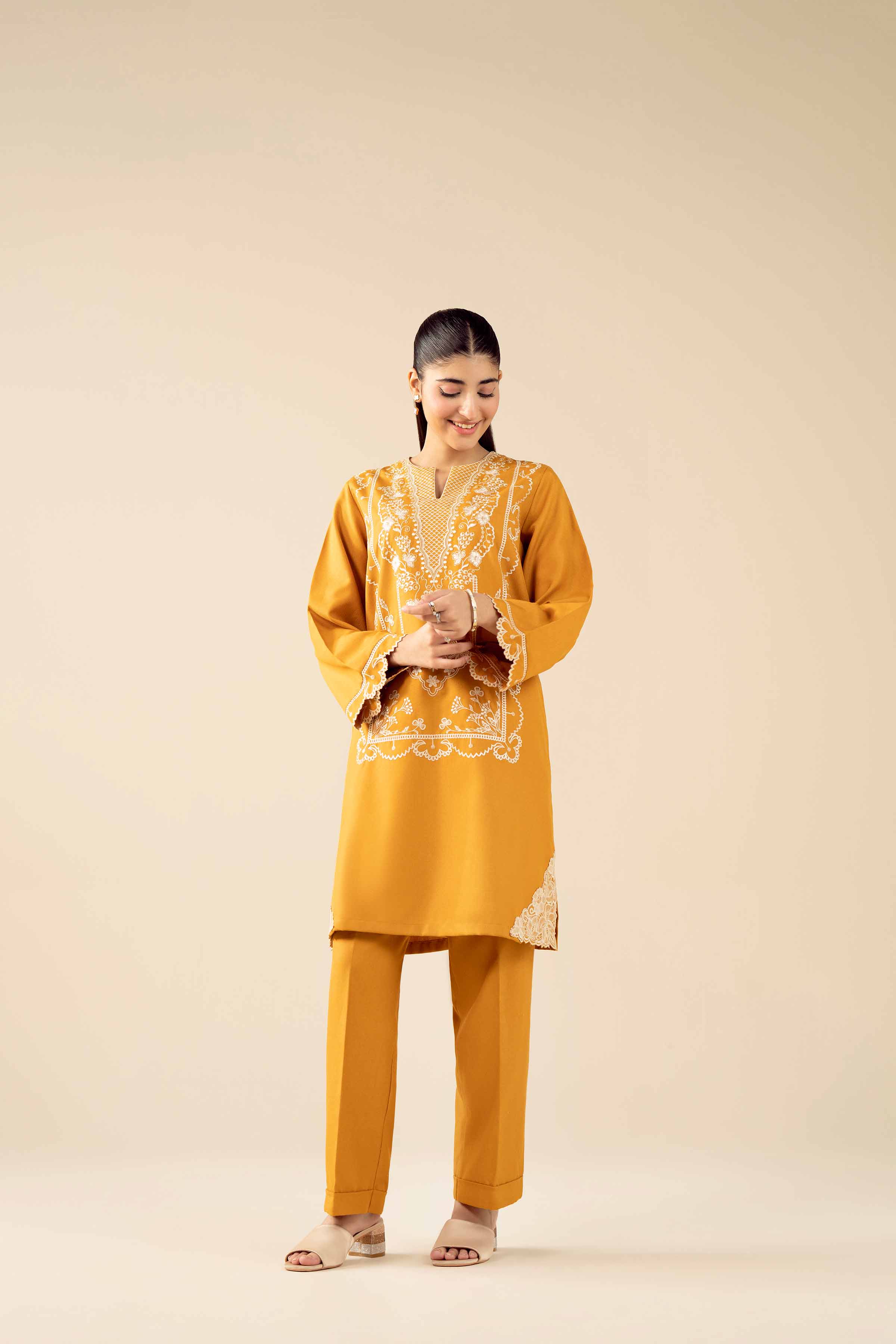 2 Piece - Embroidered Suit - PW25-324 READY TO WEAR Yellow Poshak 2PC Embroidered