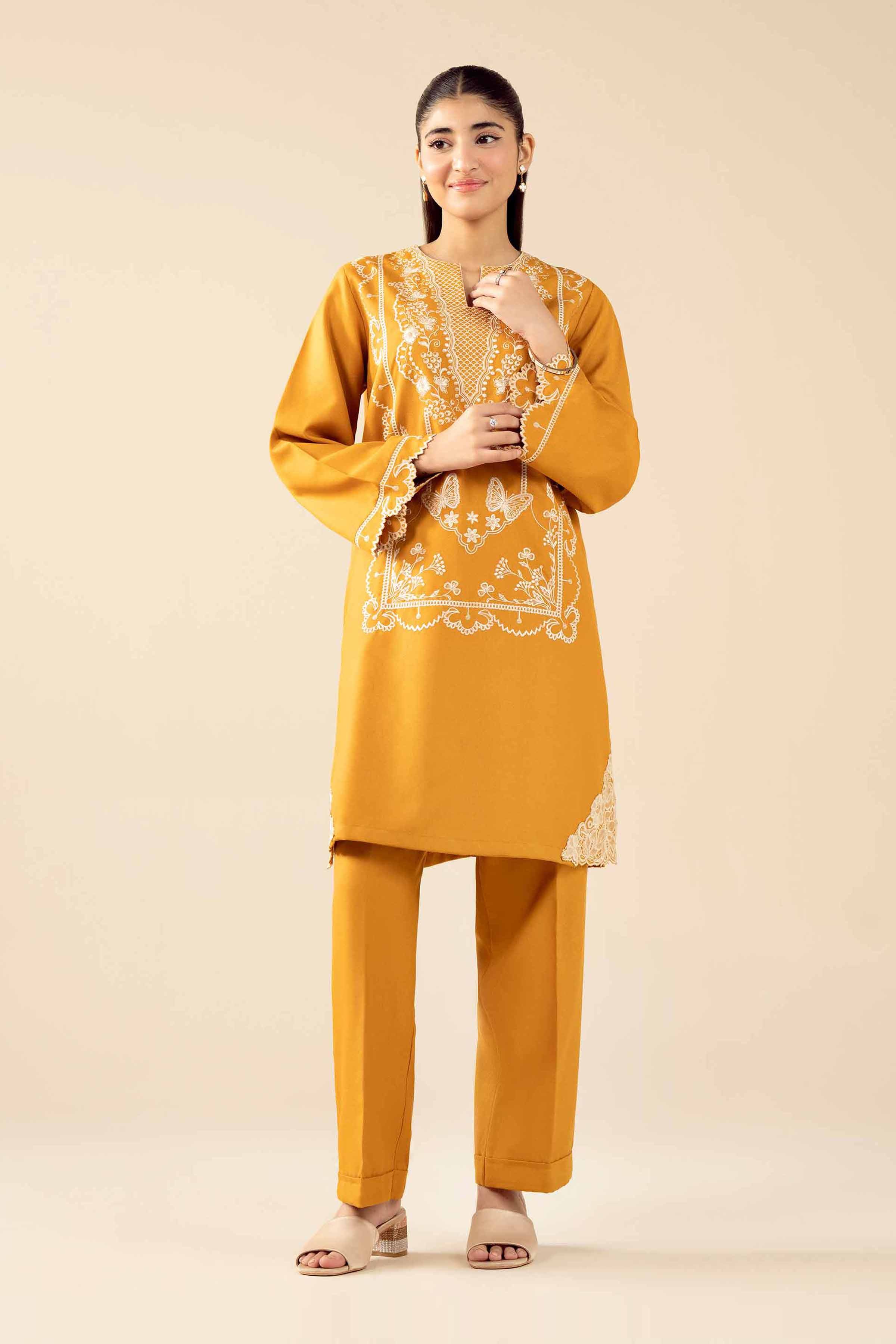 2 Piece - Embroidered Suit - PW25-324 READY TO WEAR Yellow Poshak 2PC Embroidered
