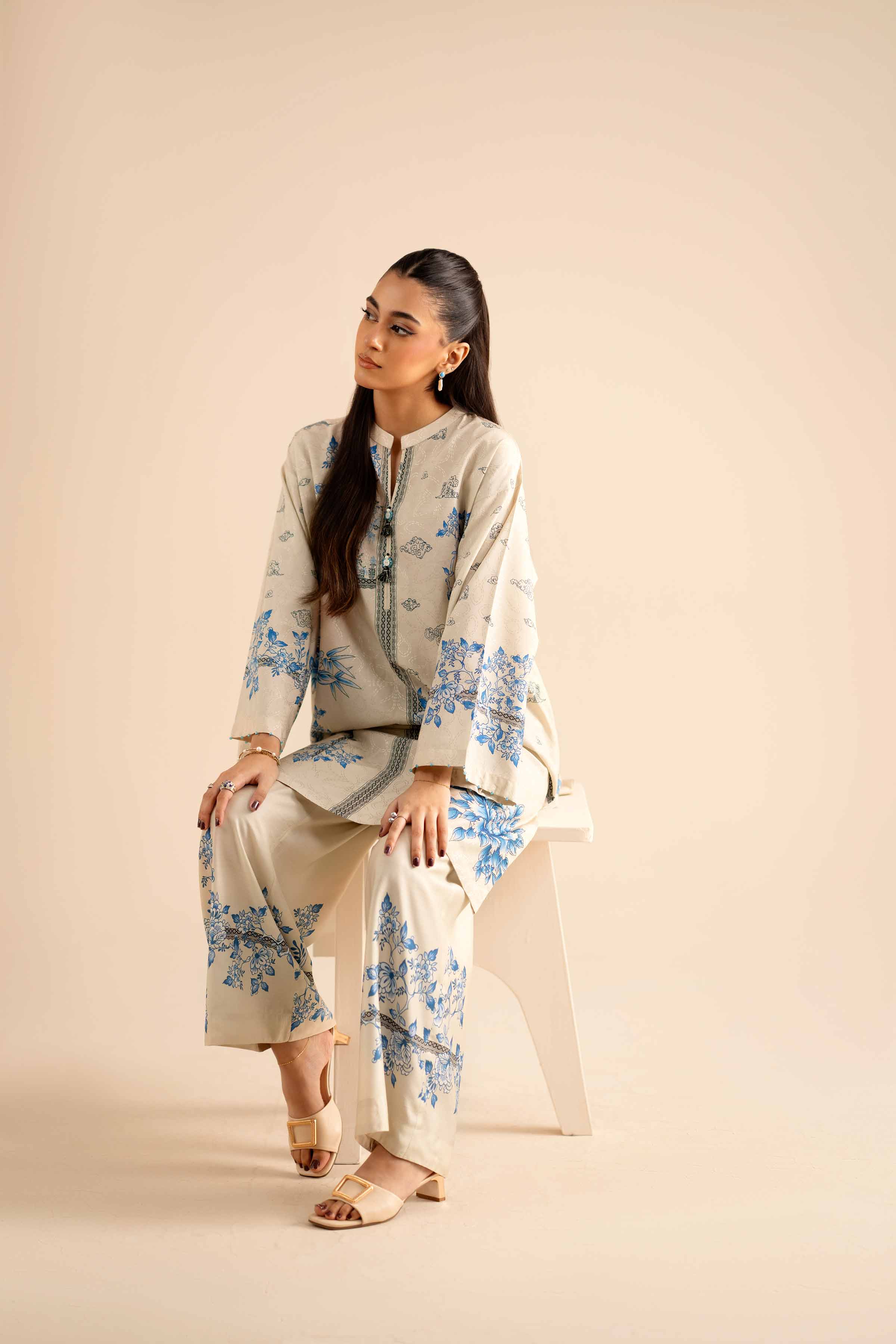 2 Piece - Printed Suit - PW25-333 READY TO WEAR Beige Jacquard 2PC Printed