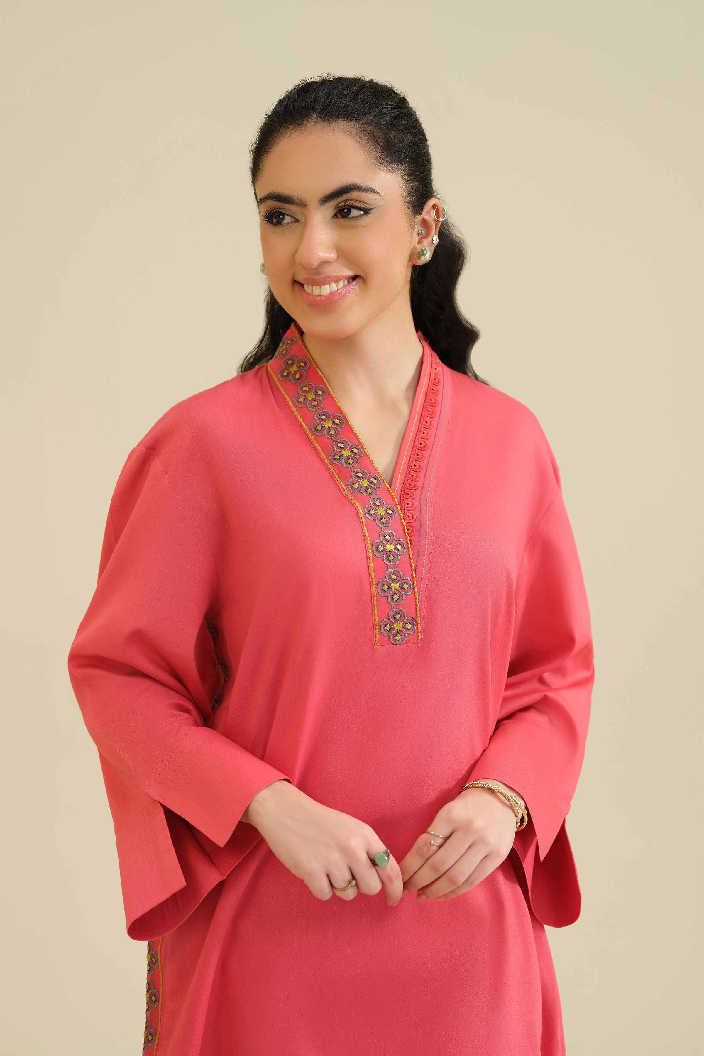 Embroidered Shirt - PW25-35 READY TO WEAR Pink Cambric 1 Piece Embroidered