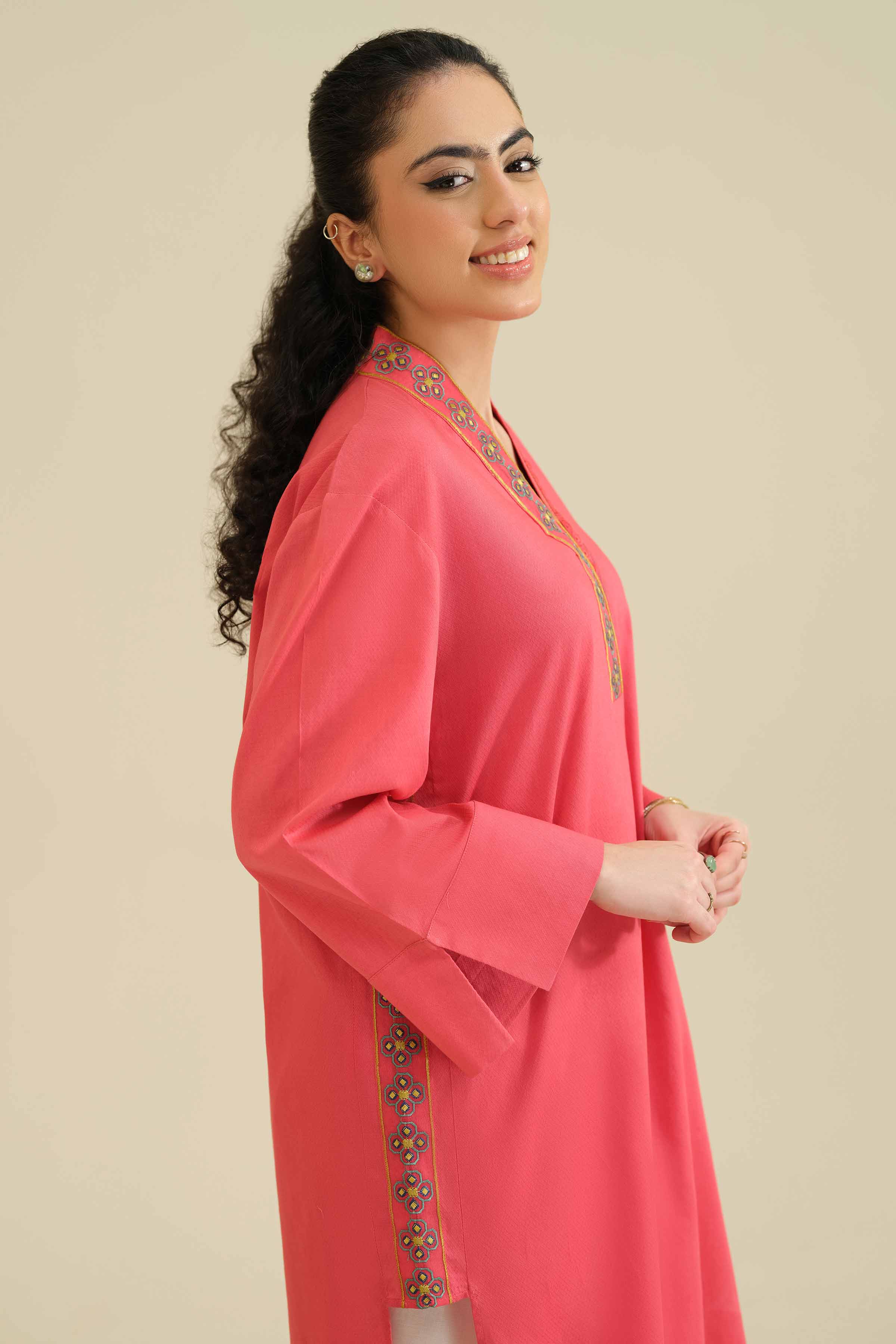 Embroidered Shirt - PW25-35 READY TO WEAR Pink Cambric 1 Piece Embroidered