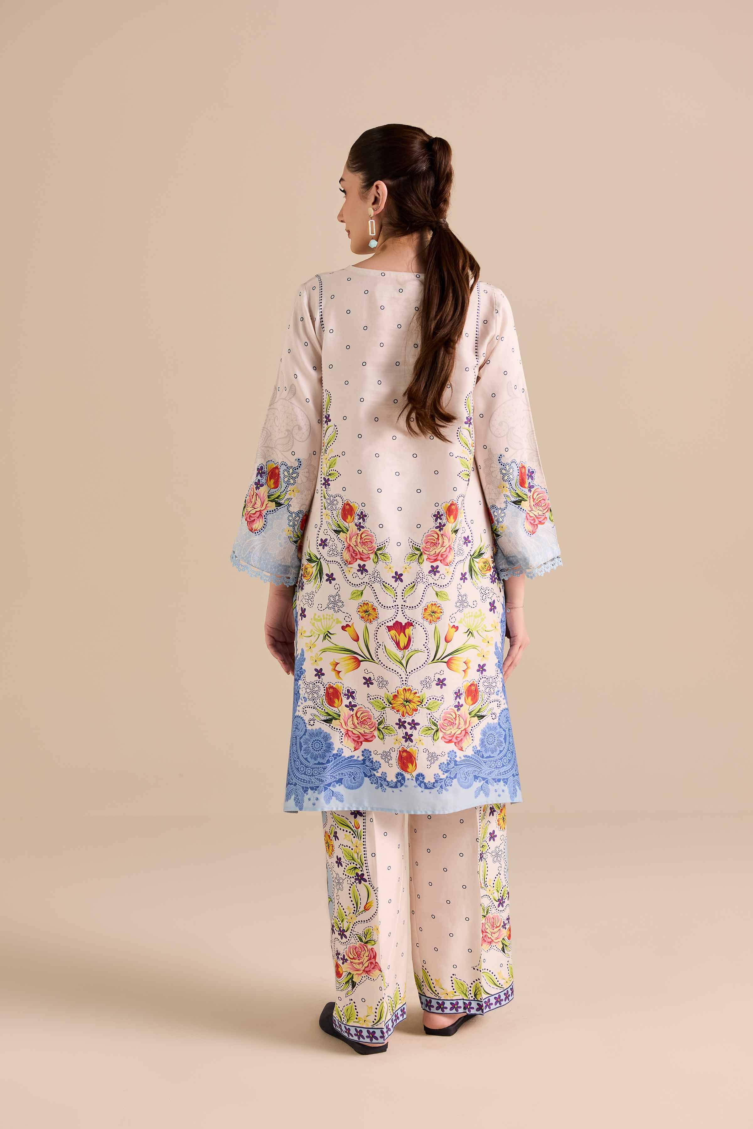 2 Piece - Printed Suit - PW25-369 READY TO WEAR Beige Satin 2 Pieces Printed