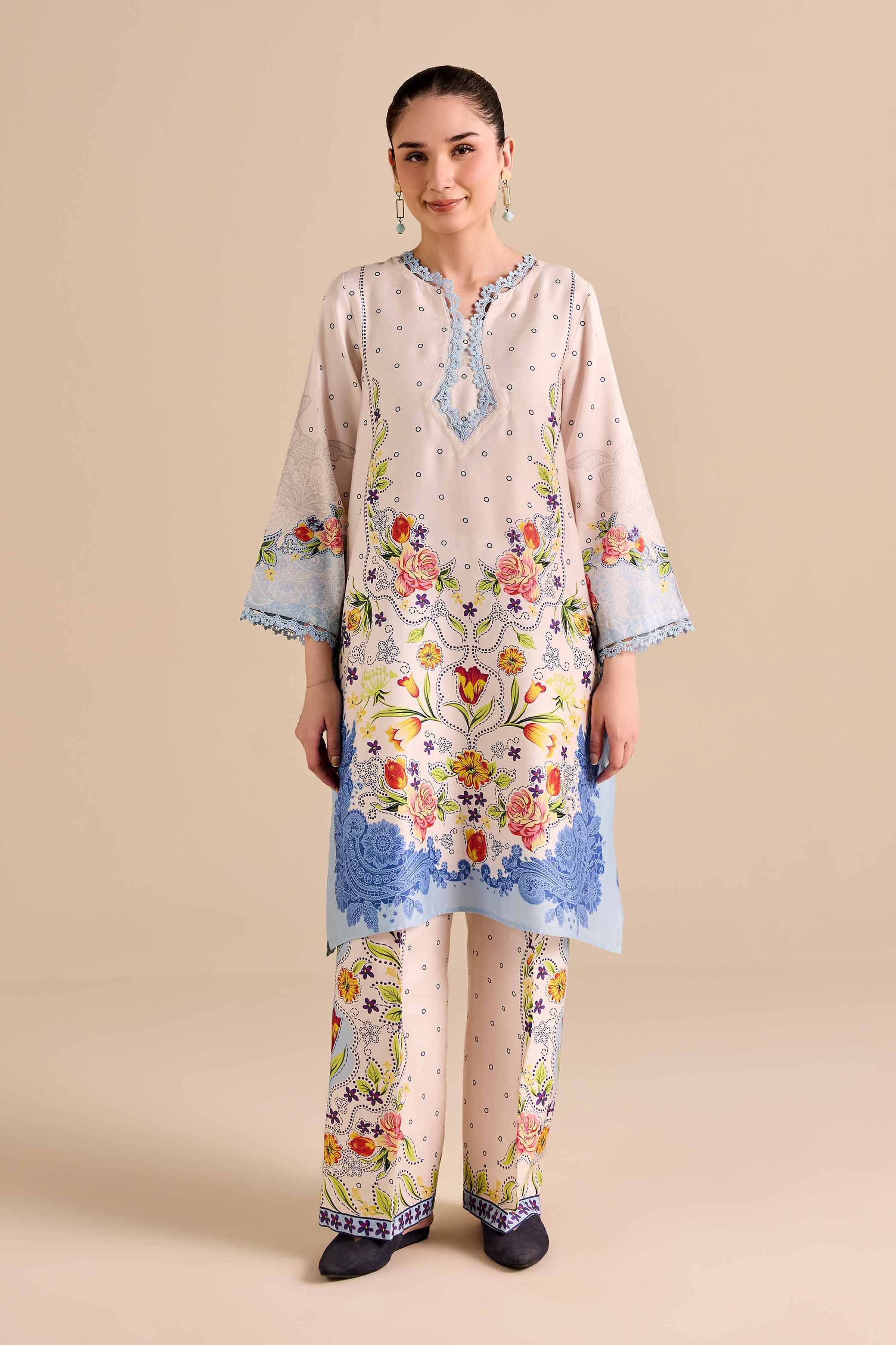2 Piece - Printed Suit - PW25-369 READY TO WEAR Beige Satin 2 Pieces Printed