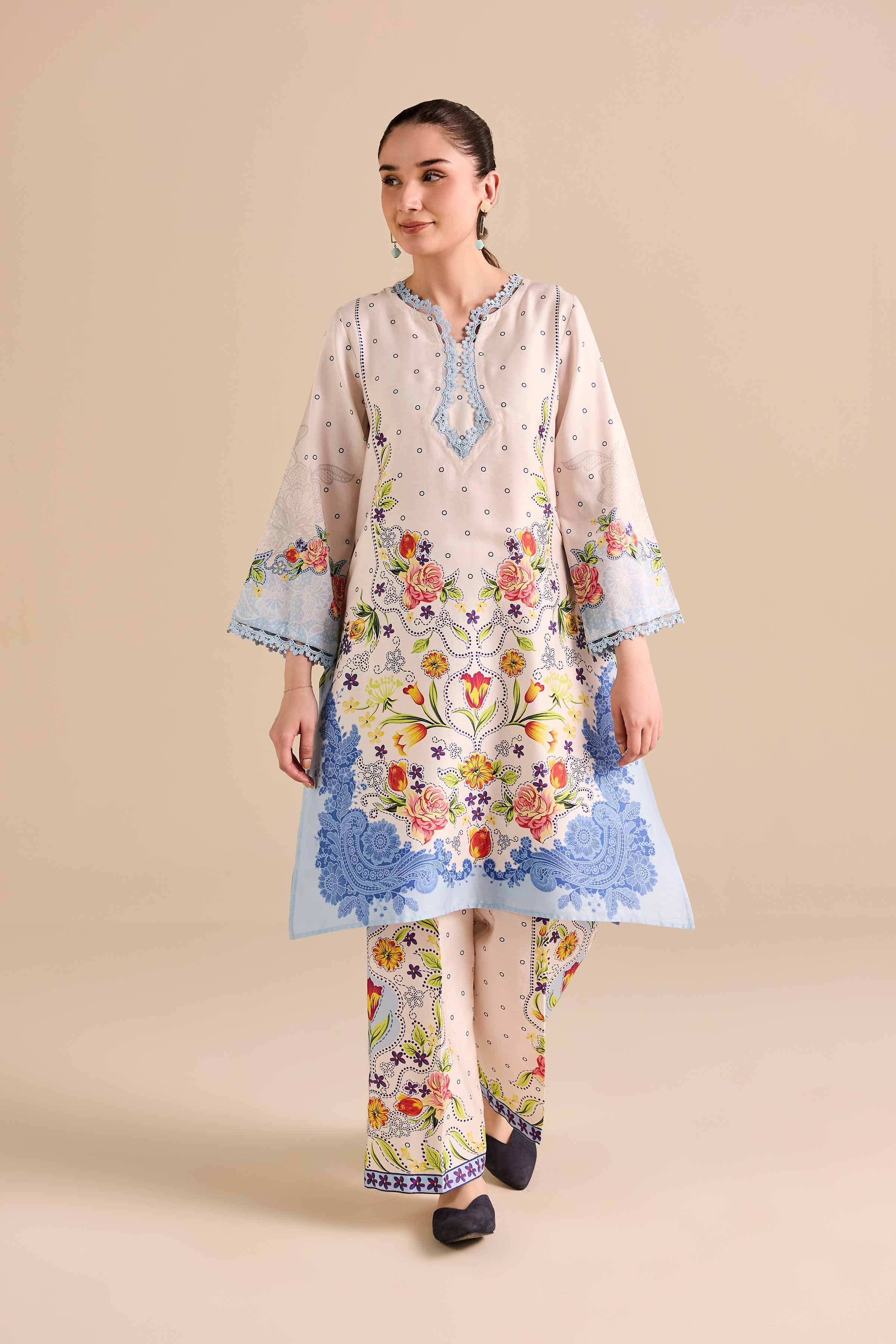 2 Piece - Printed Suit - PW25-369 READY TO WEAR Beige Satin 2 Pieces Printed
