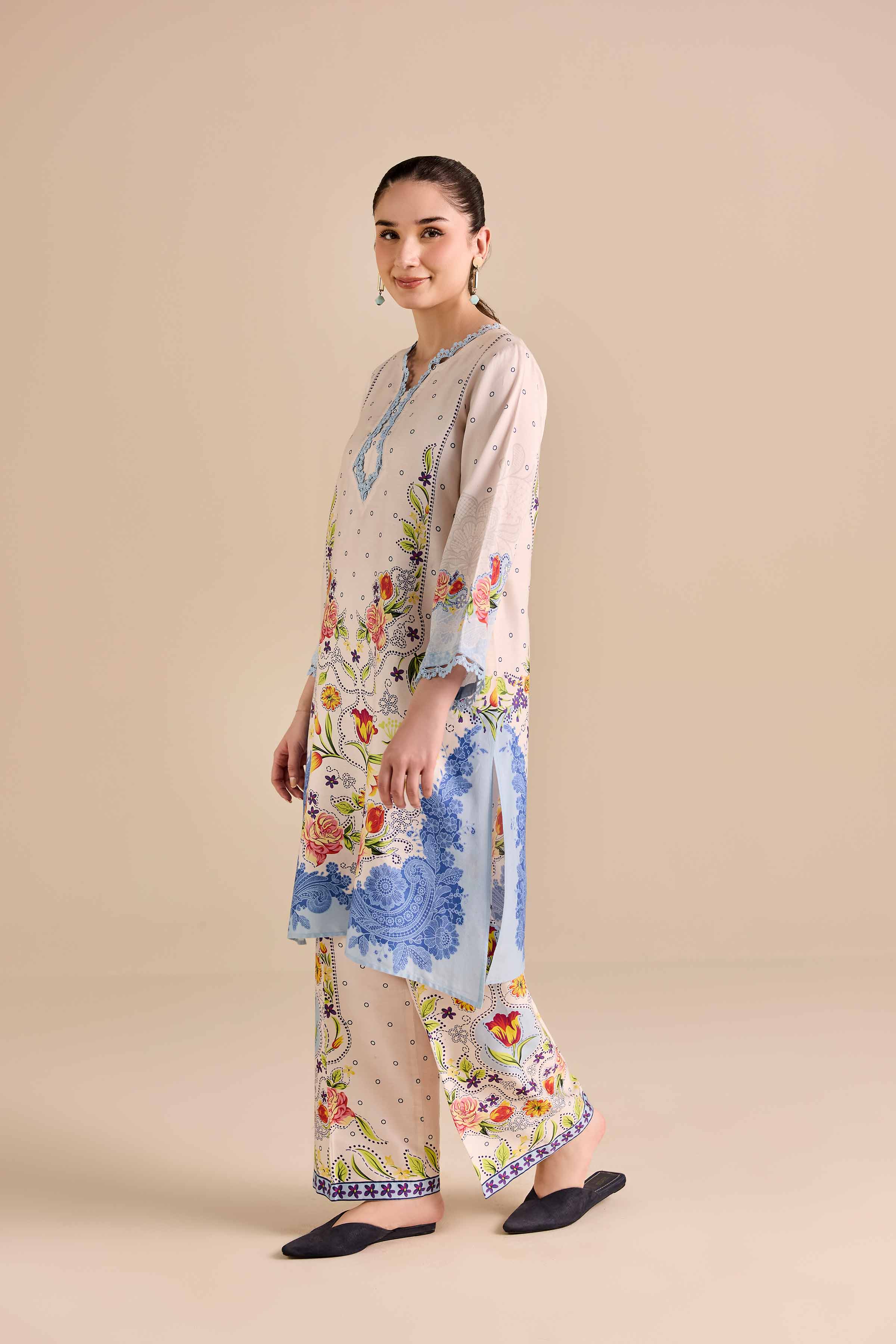 2 Piece - Printed Suit - PW25-369 READY TO WEAR Beige Satin 2 Pieces Printed