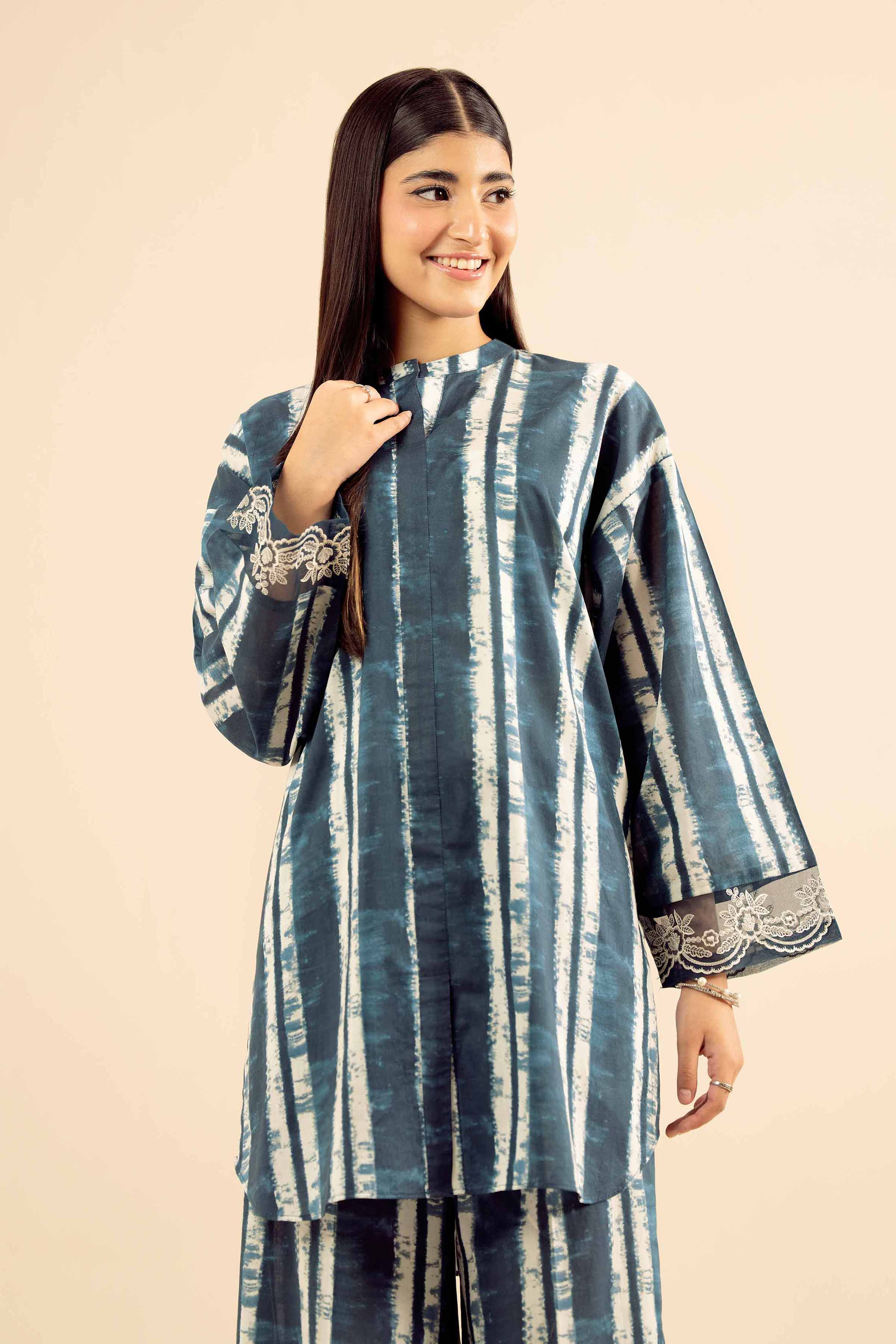 2 Piece - Printed Embroidered Suit - PW25-38 READY TO WEAR Blue Cambric 2PC Embroidered