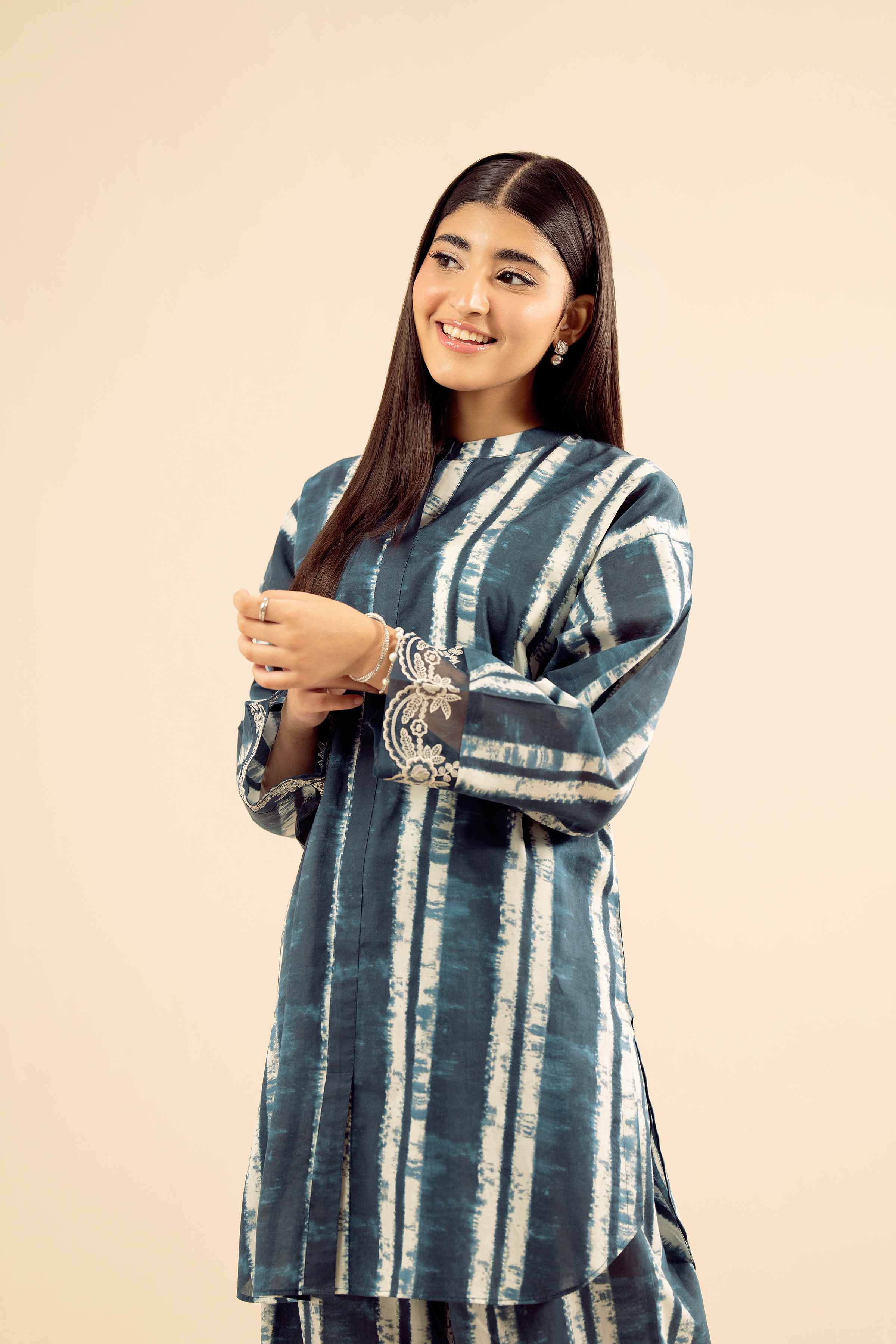 2 Piece - Printed Embroidered Suit - PW25-38 READY TO WEAR Blue Cambric 2PC Embroidered