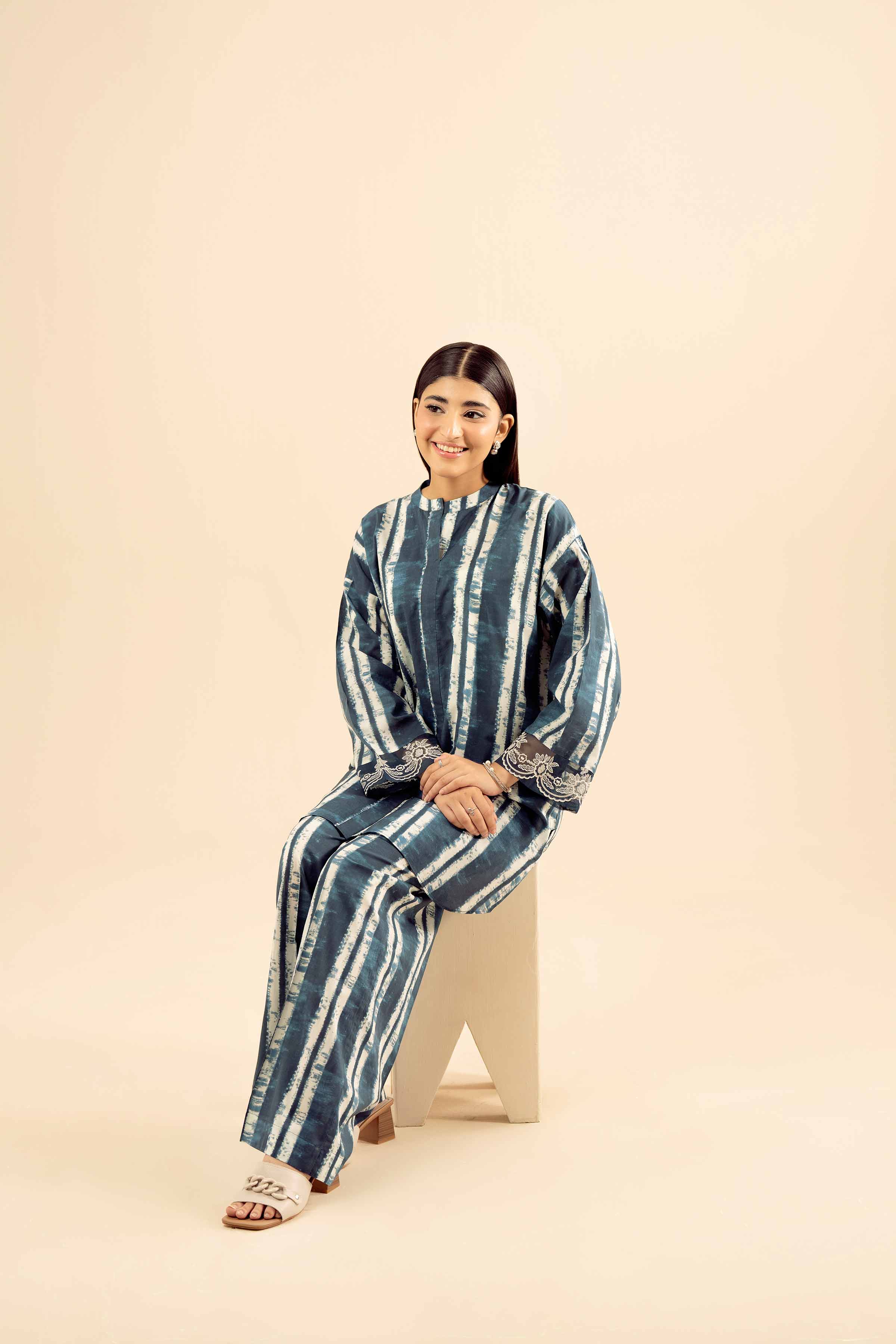 2 Piece - Printed Embroidered Suit - PW25-38 READY TO WEAR Blue Cambric 2PC Embroidered