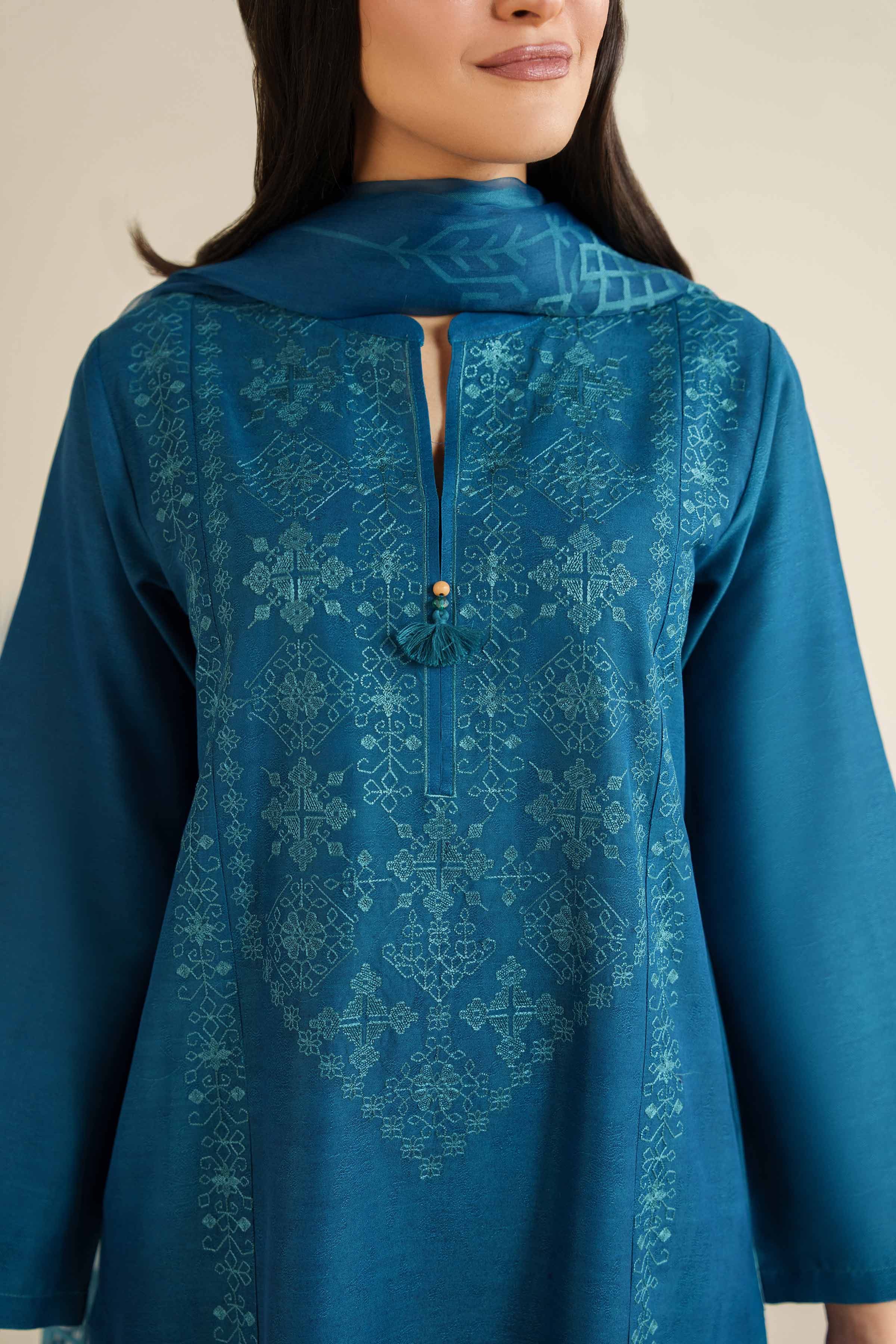 3 Piece - Embroidered Suit - PW25-398 READY TO WEAR Blue Jacquard 3PC Embroidered