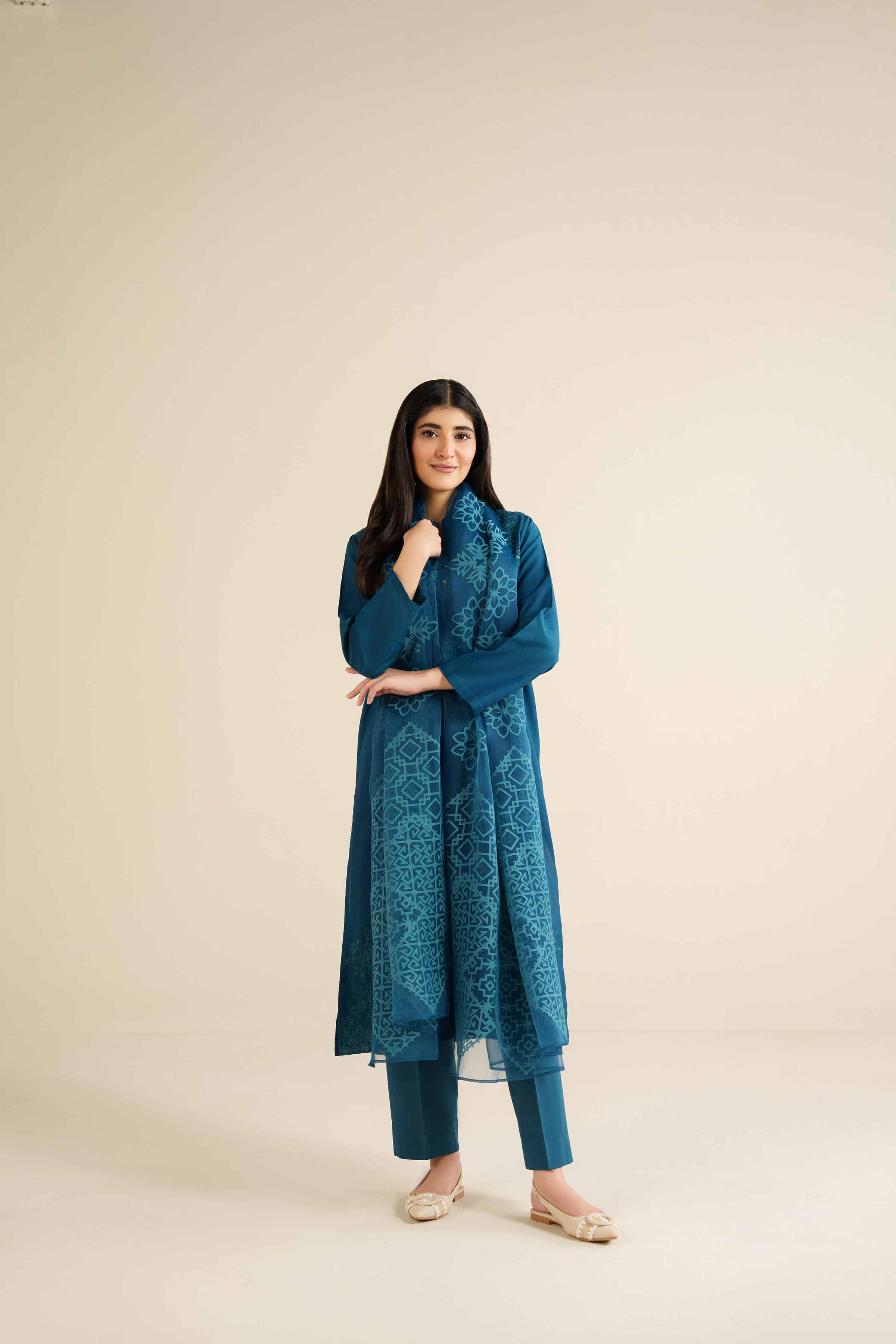 3 Piece - Embroidered Suit - PW25-398 READY TO WEAR Blue Jacquard 3PC Embroidered