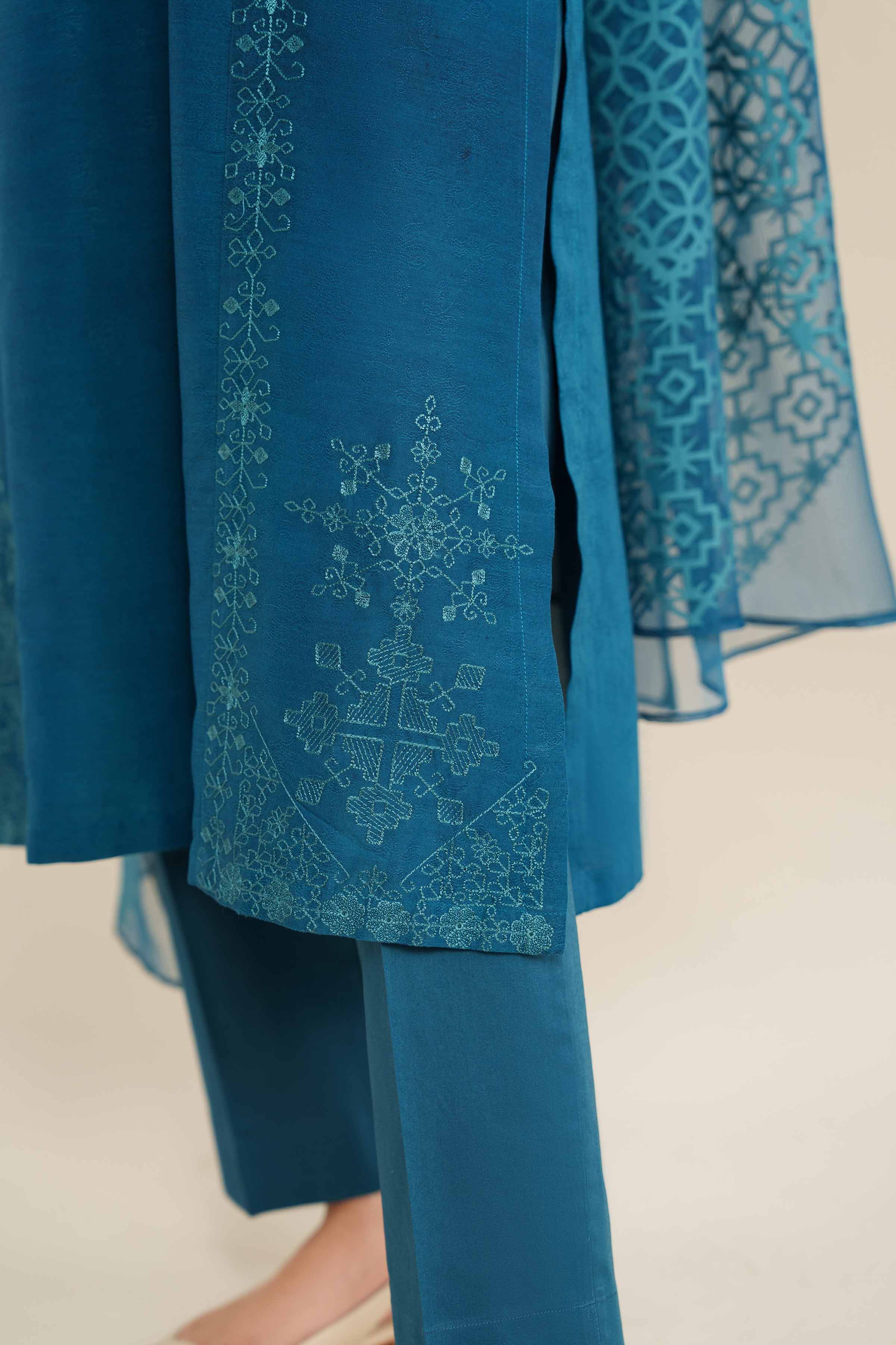 3 Piece - Embroidered Suit - PW25-398 READY TO WEAR Blue Jacquard 3PC Embroidered