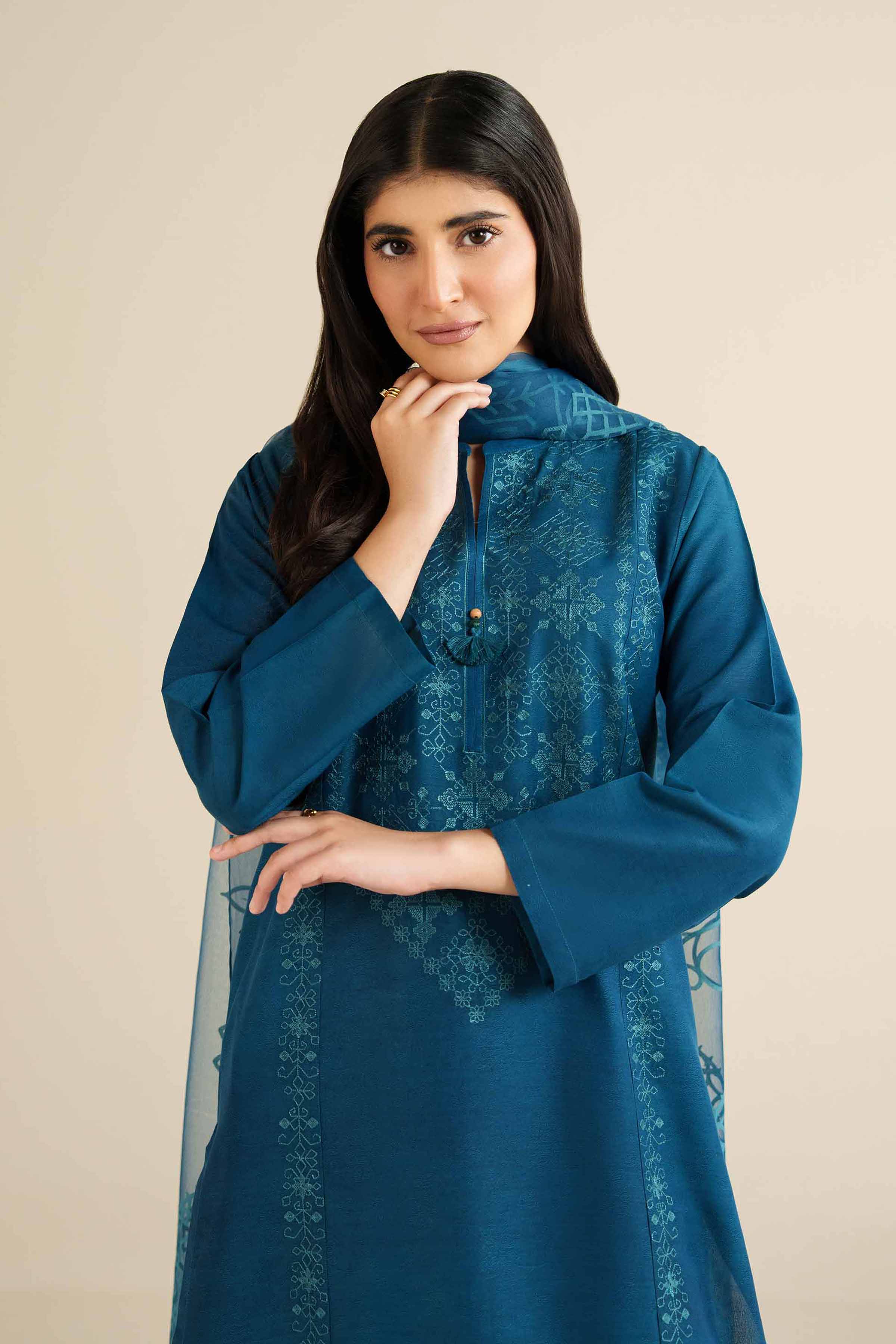 3 Piece - Embroidered Suit - PW25-398 READY TO WEAR Blue Jacquard 3PC Embroidered