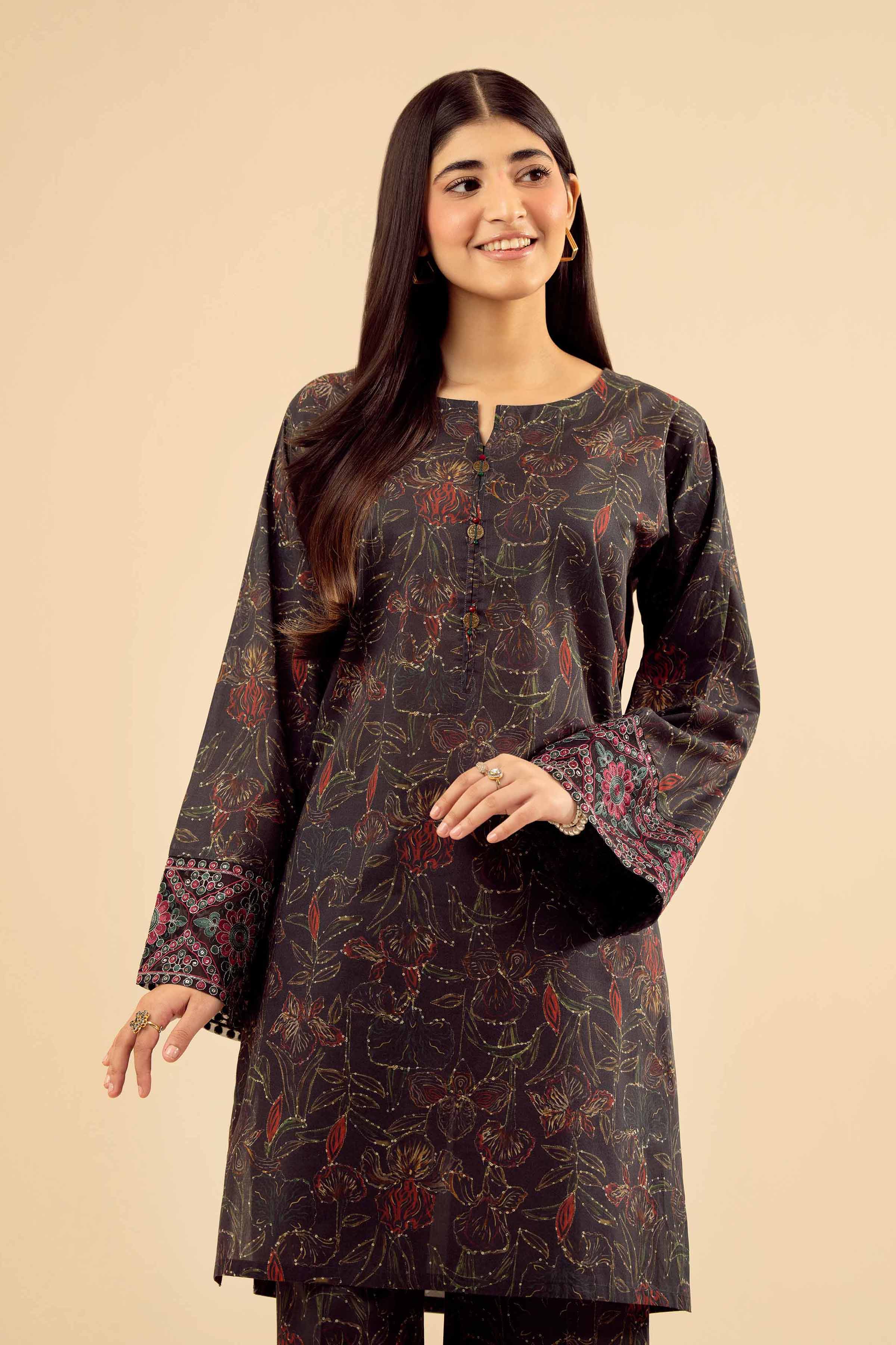 2 Piece - Printed Embroidered Suit - PW25-40 READY TO WEAR Black Cambric 2PC Embroidered