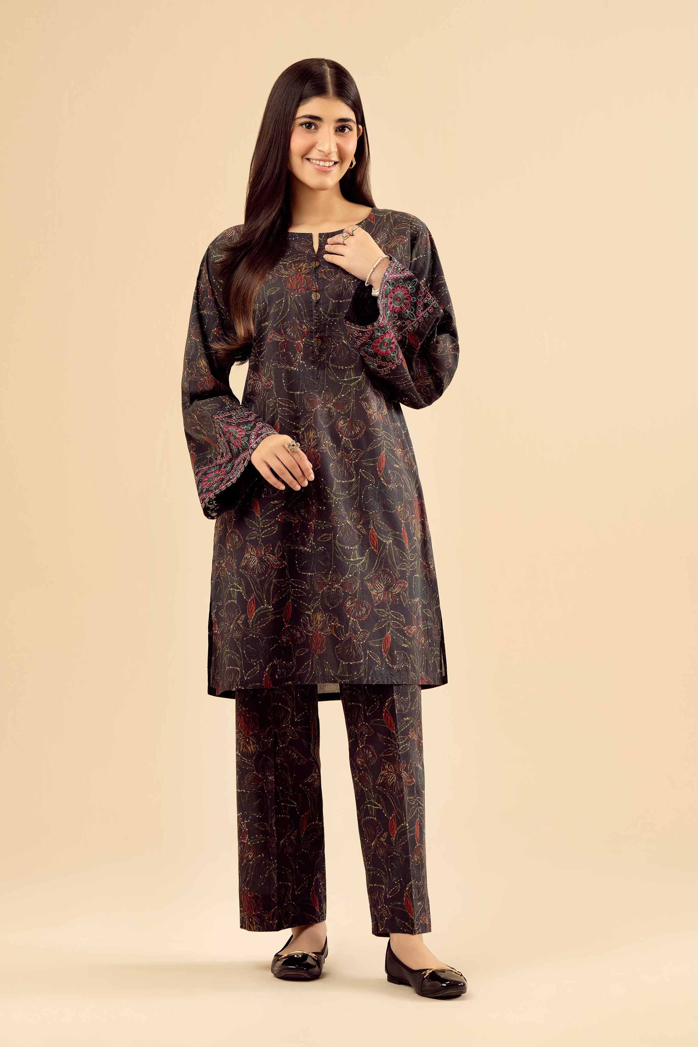 2 Piece - Printed Embroidered Suit - PW25-40 READY TO WEAR Black Cambric 2PC Embroidered