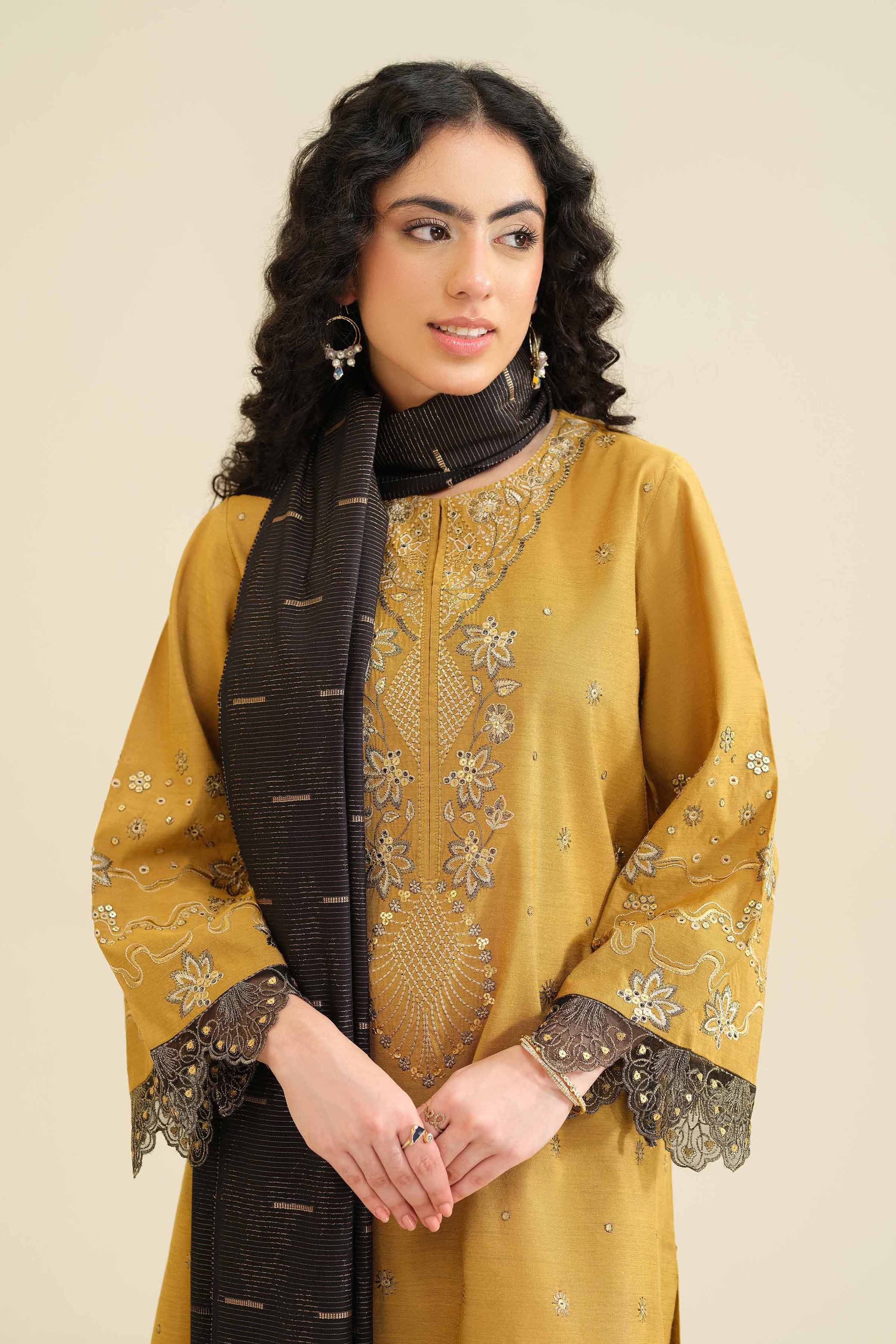 3 Piece - Embroidered Suit - PW25-401 READY TO WEAR Yellow Silk 3PC Embroidered