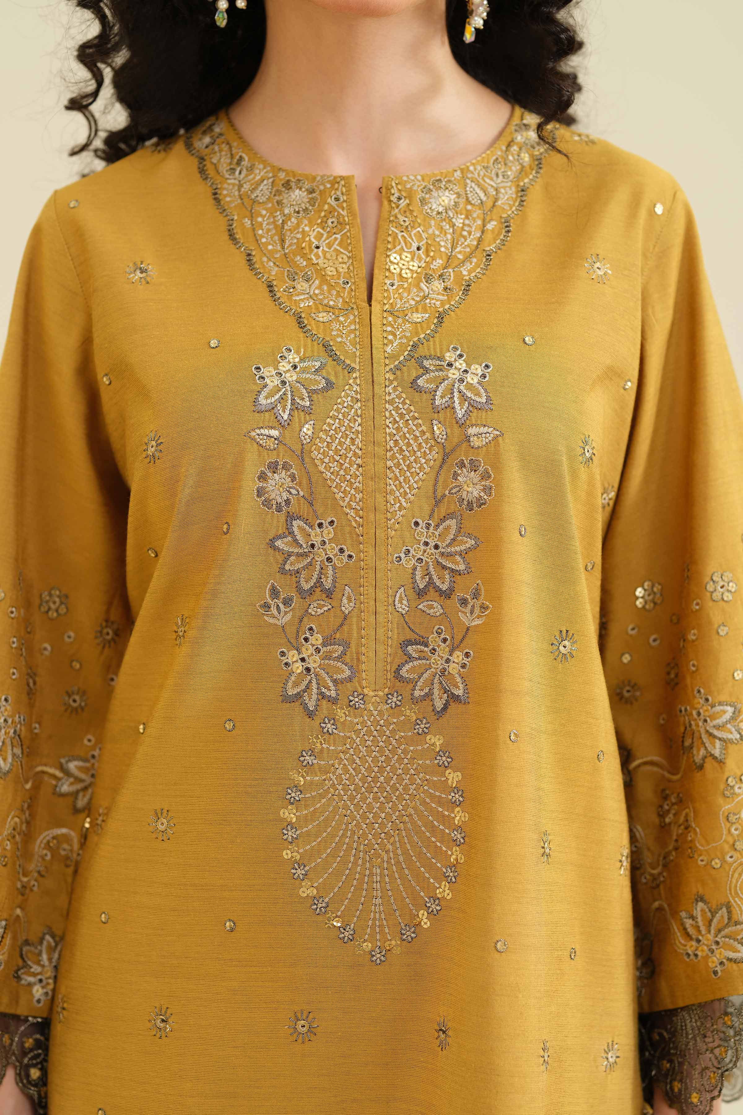 3 Piece - Embroidered Suit - PW25-401 READY TO WEAR Yellow Silk 3PC Embroidered