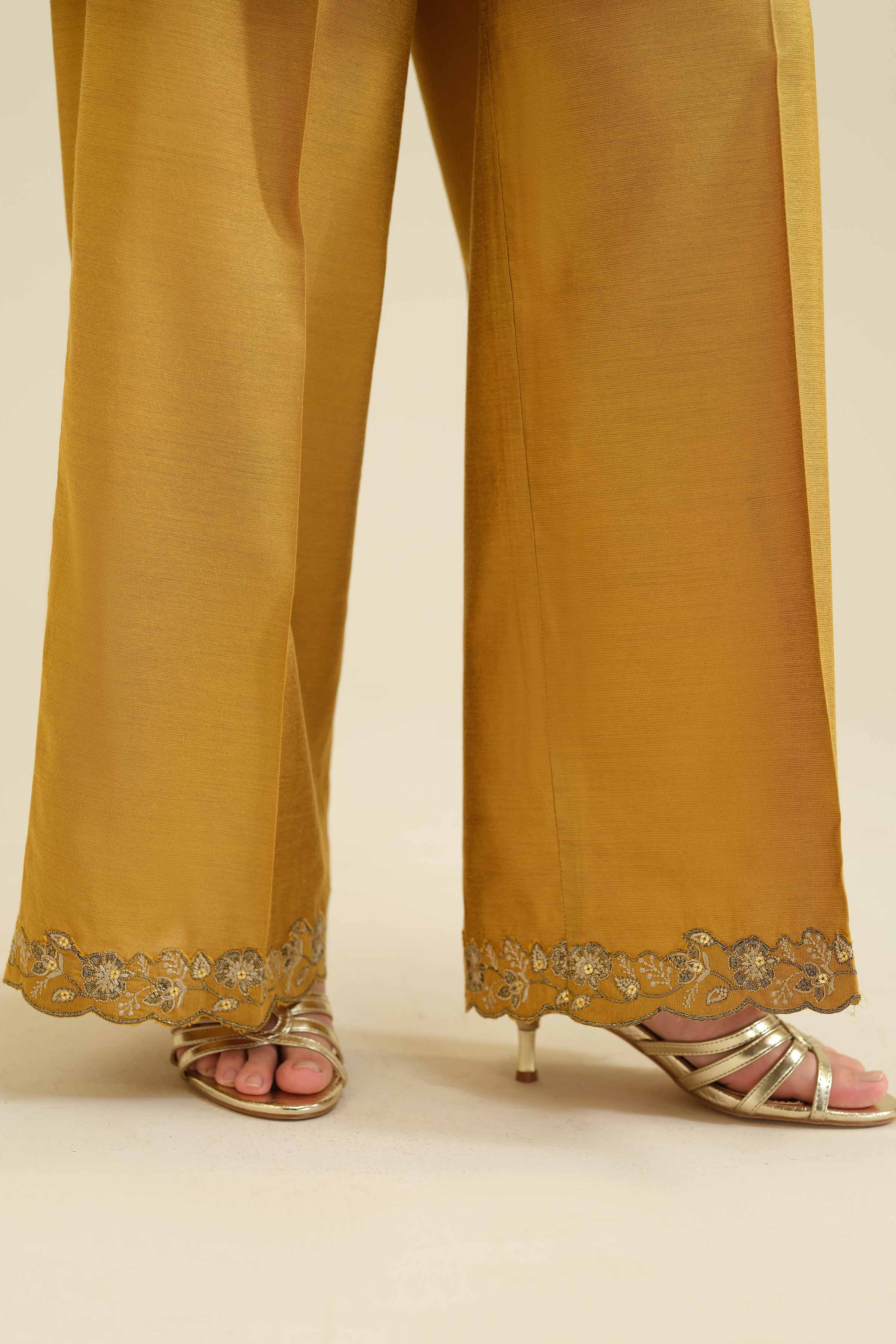 3 Piece - Embroidered Suit - PW25-401 READY TO WEAR Yellow Silk 3PC Embroidered