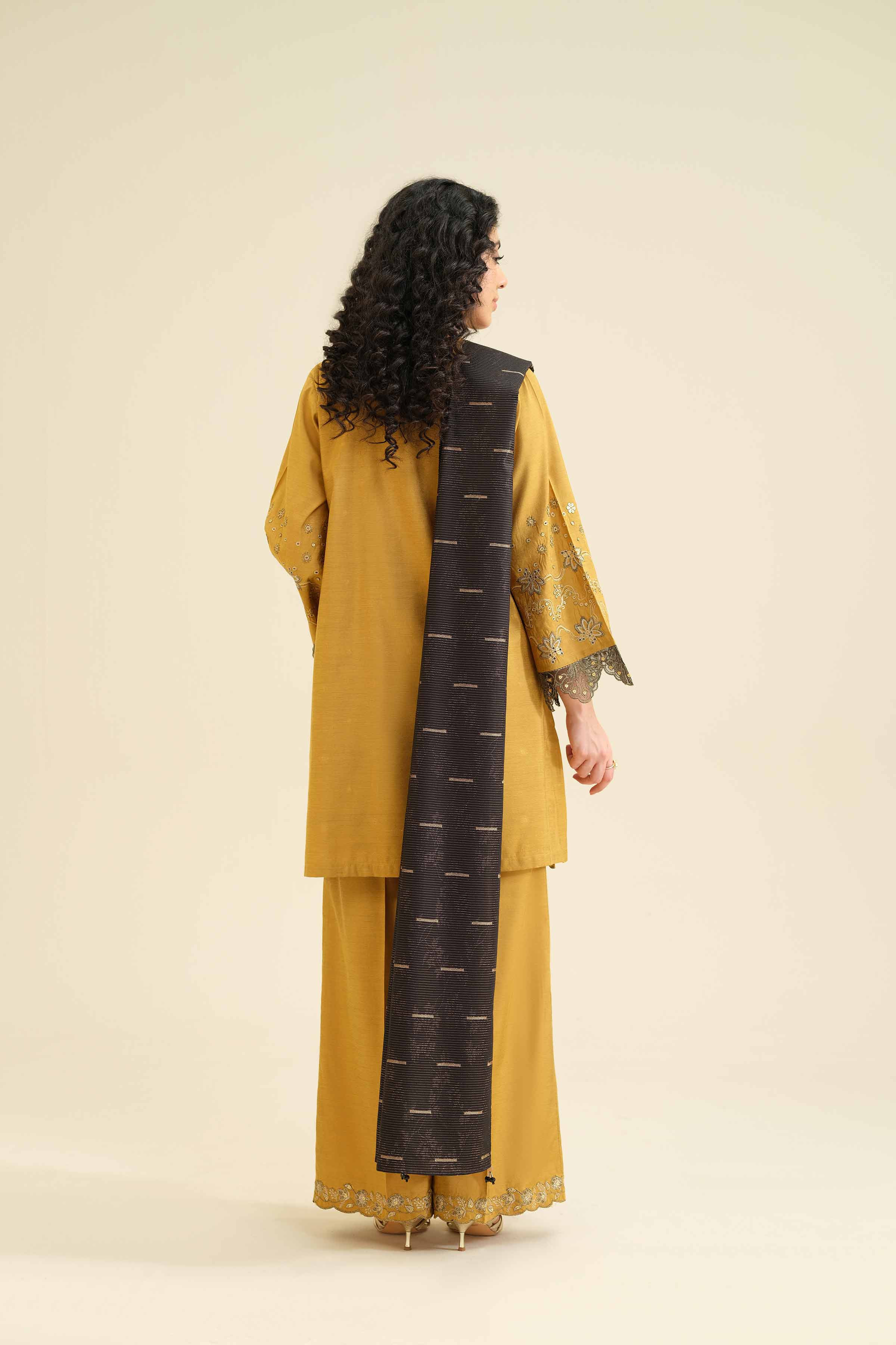 3 Piece - Embroidered Suit - PW25-401 READY TO WEAR Yellow Silk 3PC Embroidered