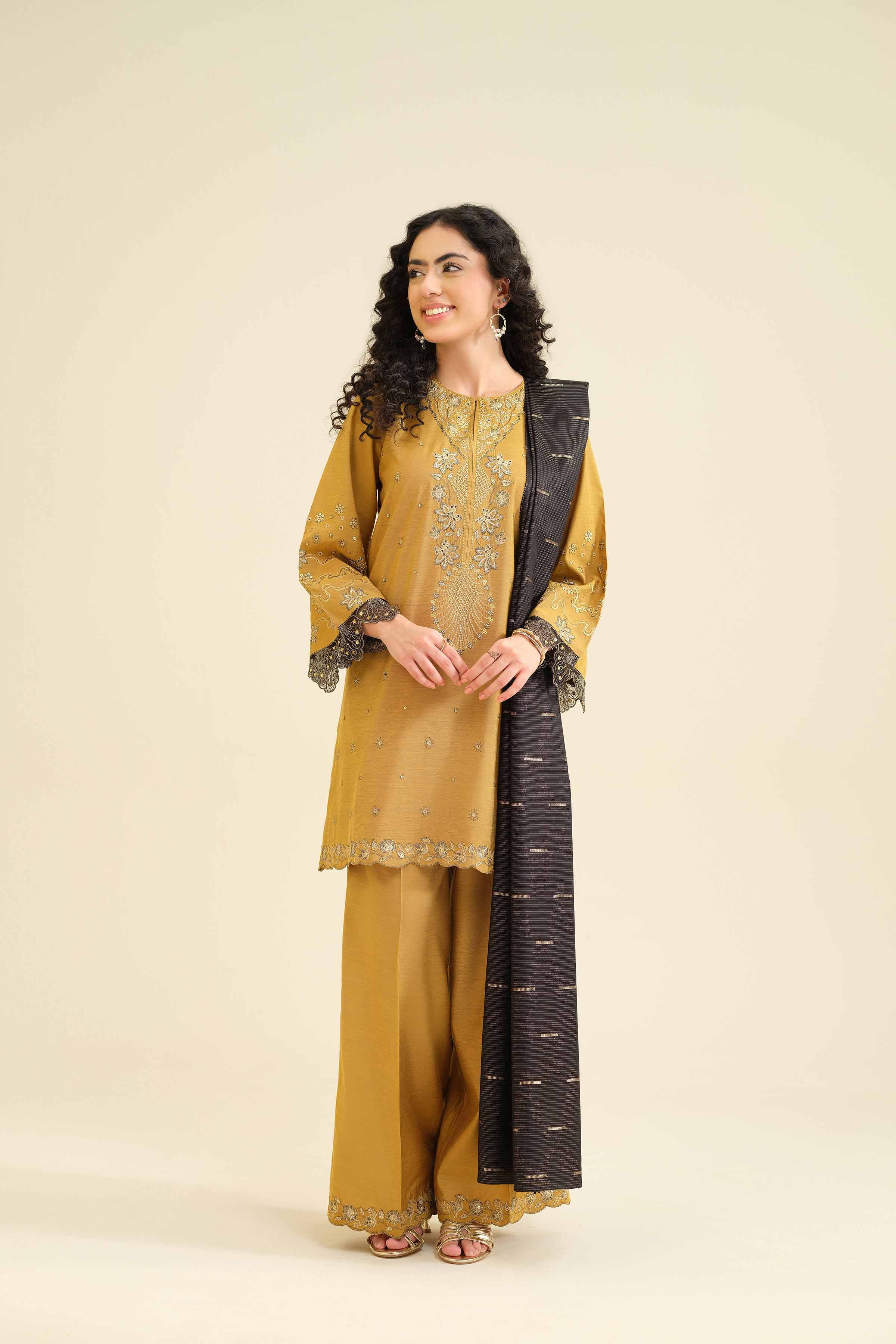 3 Piece - Embroidered Suit - PW25-401 READY TO WEAR Yellow Silk 3PC Embroidered