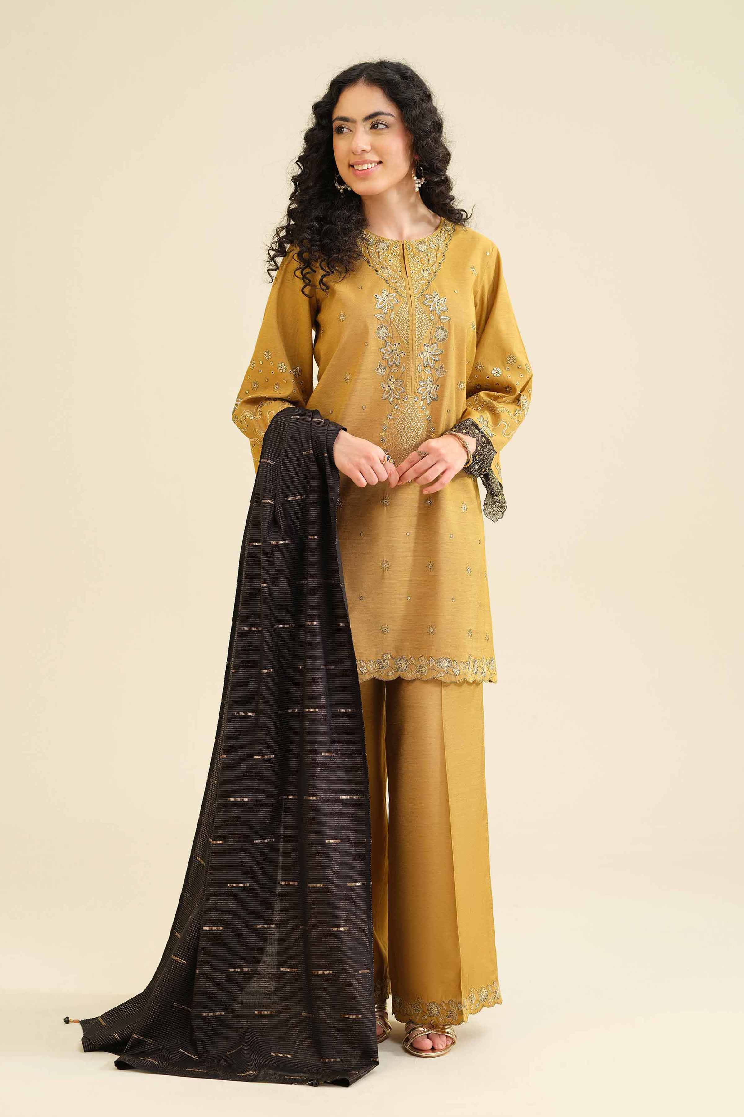 3 Piece - Embroidered Suit - PW25-401 READY TO WEAR Yellow Silk 3PC Embroidered