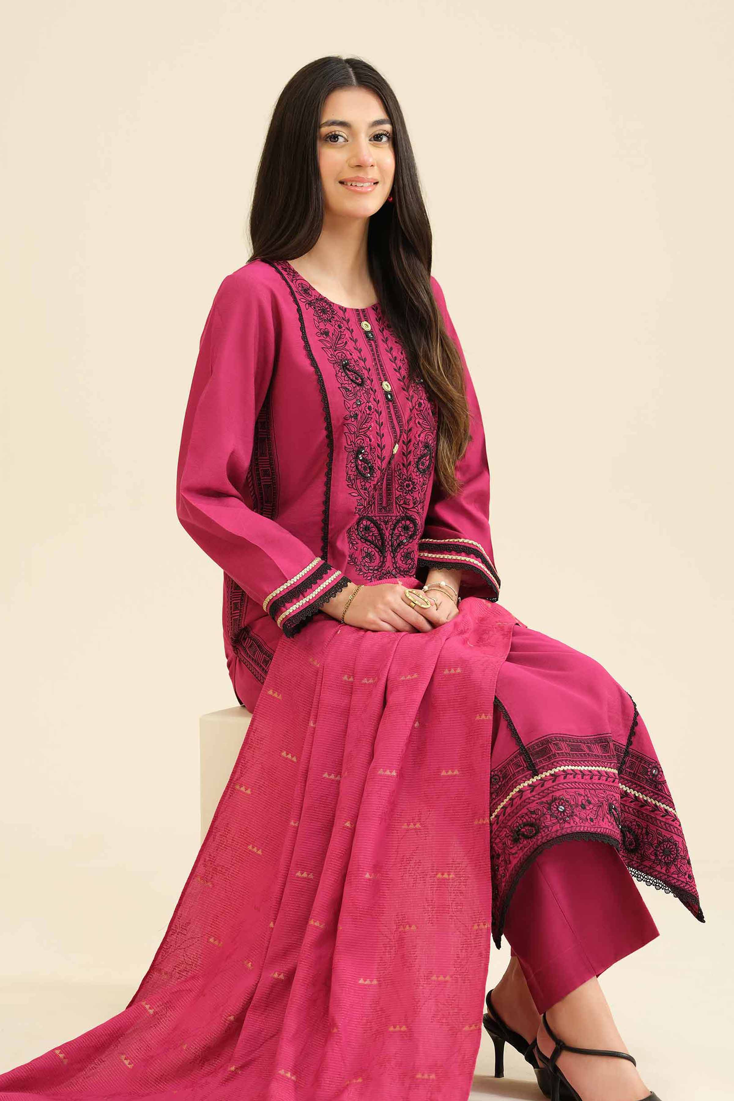 3 Piece - Embroidered Suit - PW25-402 READY TO WEAR Pink Silk 3PC Embroidered