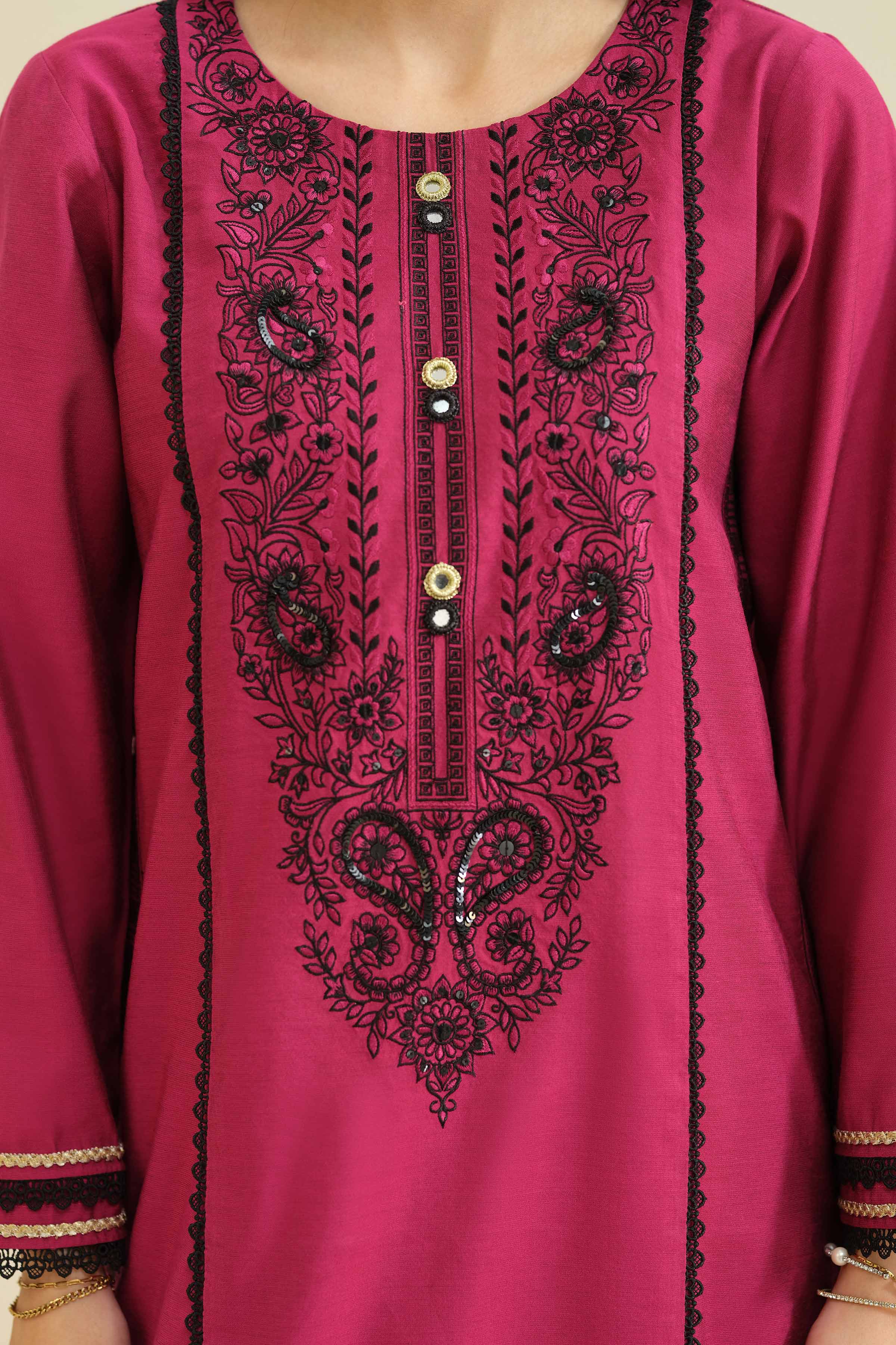 3 Piece - Embroidered Suit - PW25-402 READY TO WEAR Pink Silk 3PC Embroidered