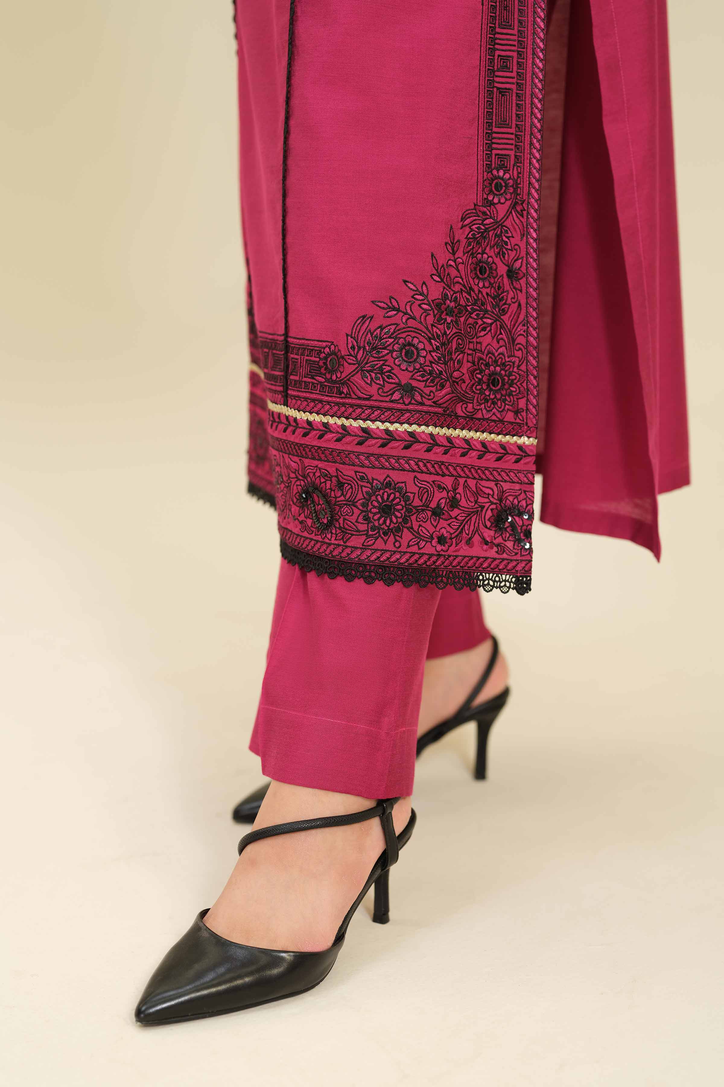 3 Piece - Embroidered Suit - PW25-402 READY TO WEAR Pink Silk 3PC Embroidered