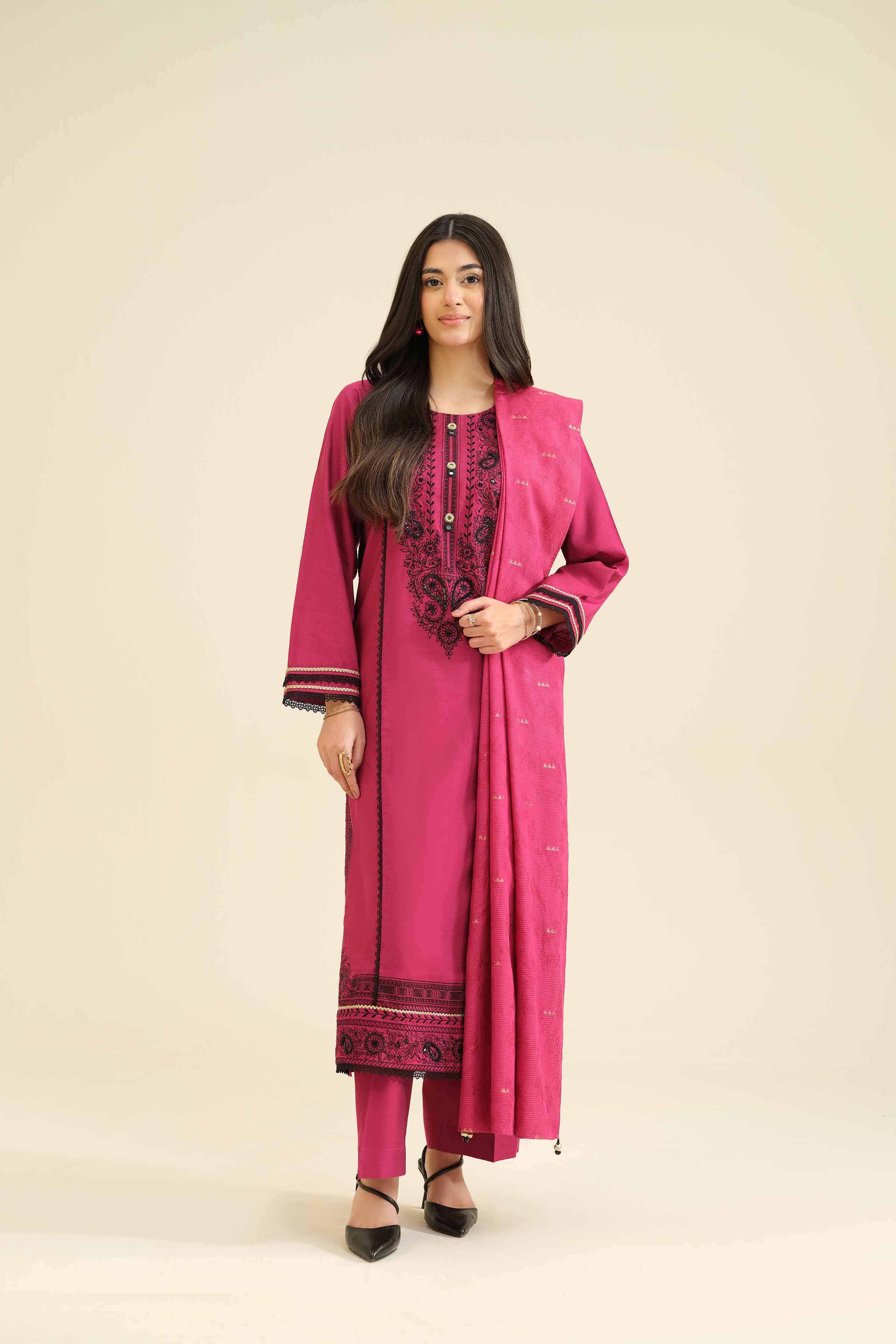3 Piece - Embroidered Suit - PW25-402 READY TO WEAR Pink Silk 3PC Embroidered