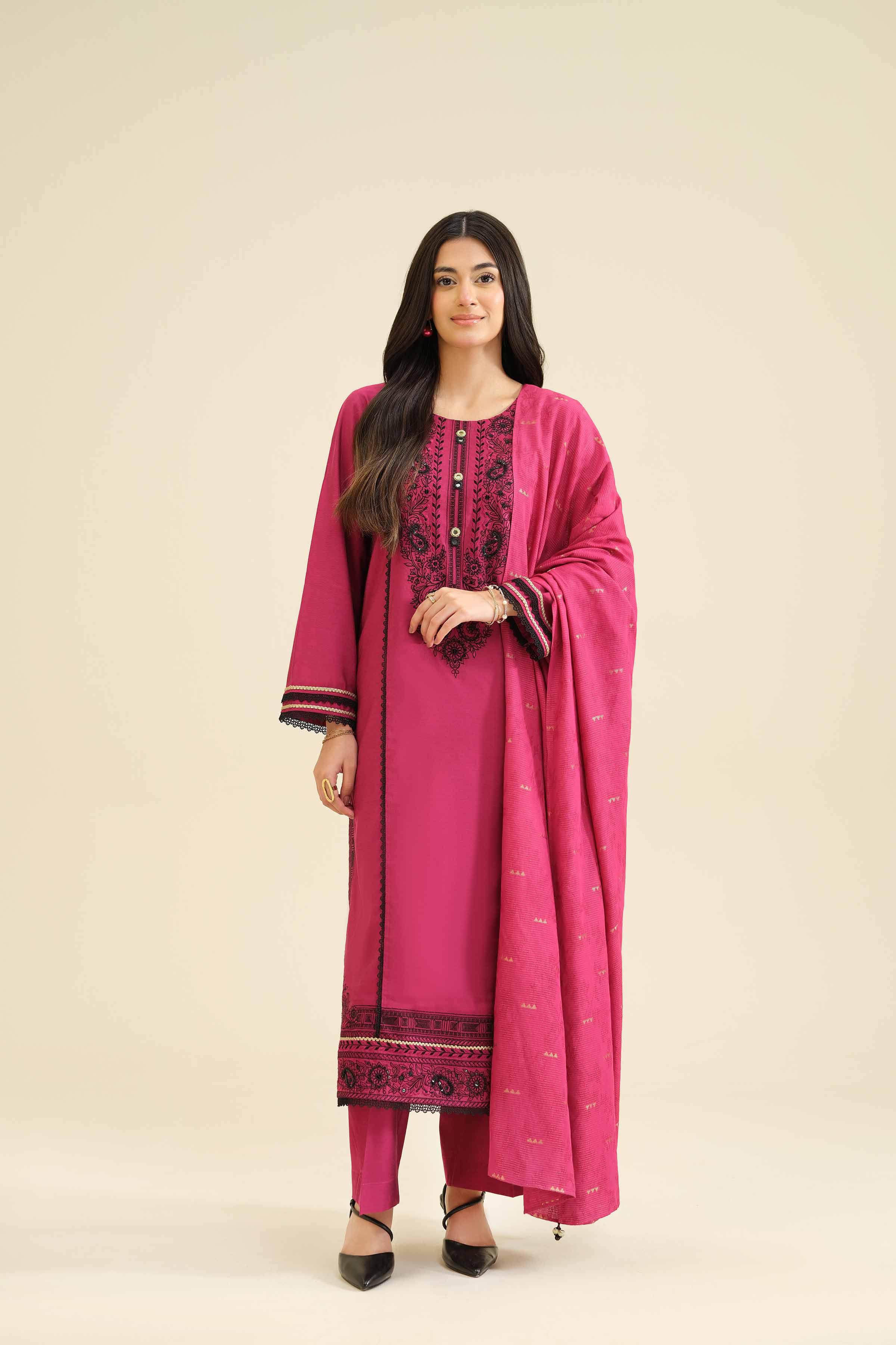 3 Piece - Embroidered Suit - PW25-402 READY TO WEAR Pink Silk 3PC Embroidered