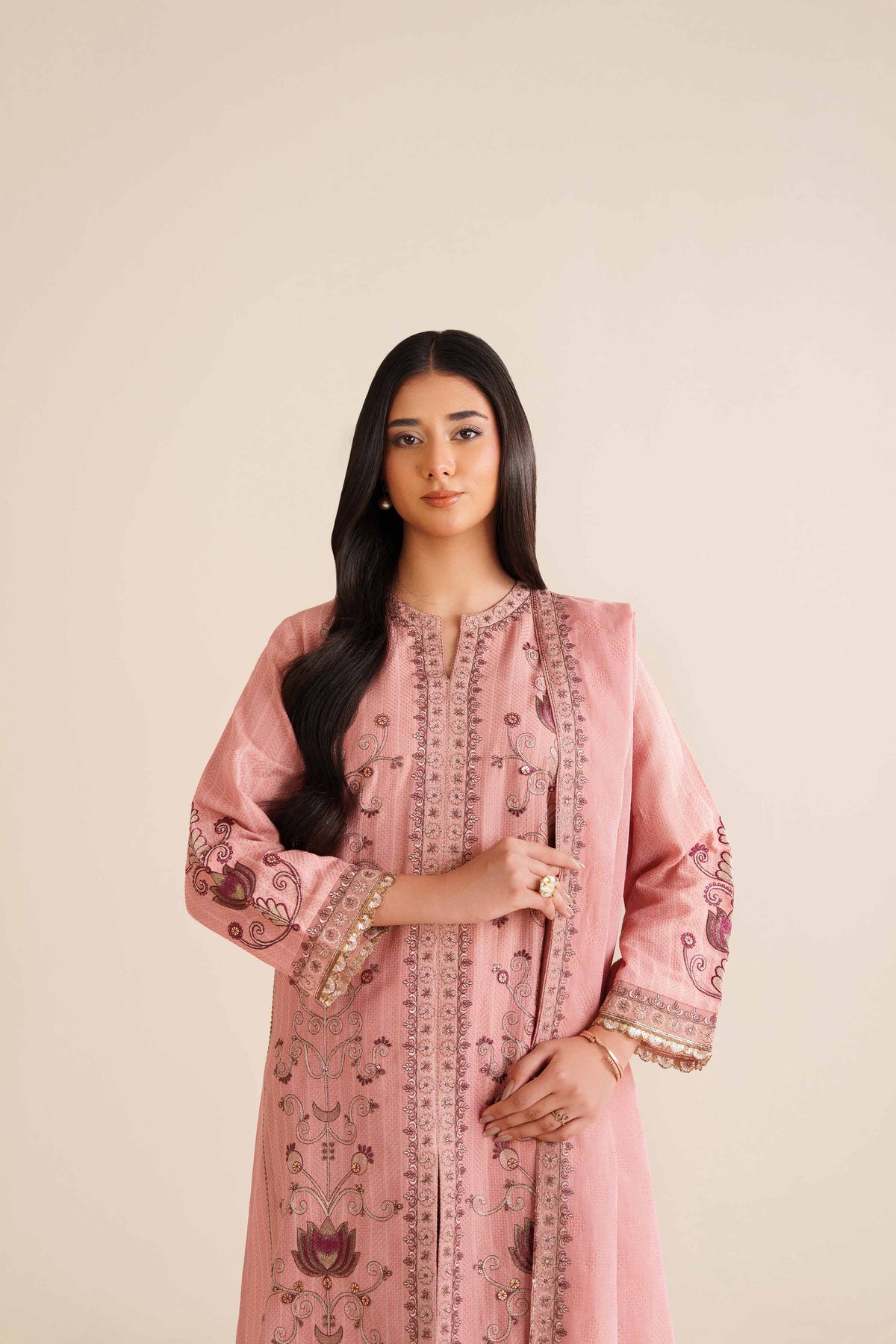 3 Piece - Embroidered Suit - PW25-405 Pink Jacquard 3PC Embroidered Nishat Australia