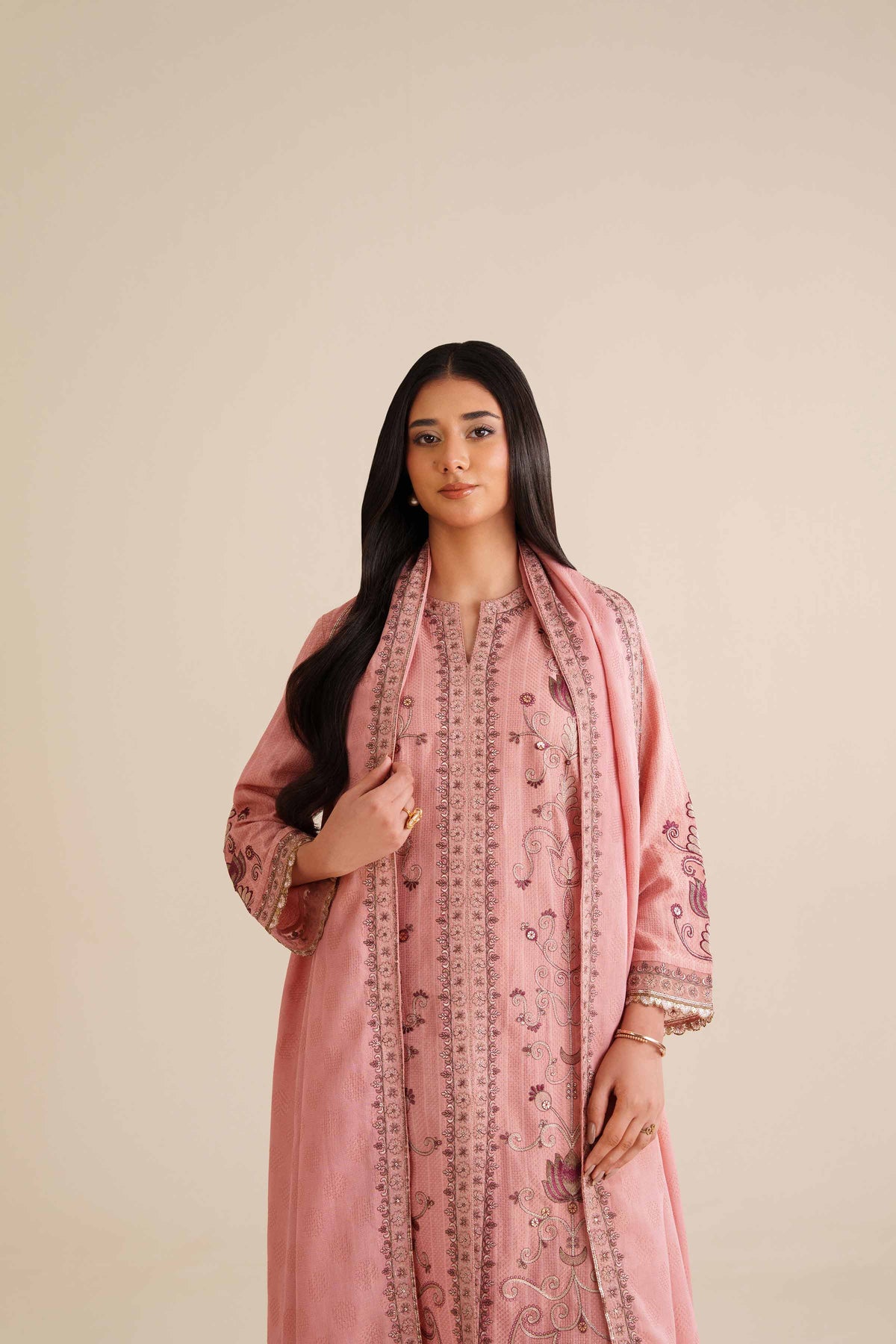 3 Piece - Embroidered Suit - PW25-405 Pink Jacquard 3PC Embroidered Nishat Australia