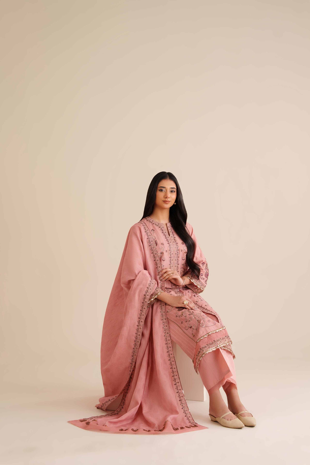 3 Piece - Embroidered Suit - PW25-405 Pink Jacquard 3PC Embroidered Nishat Australia