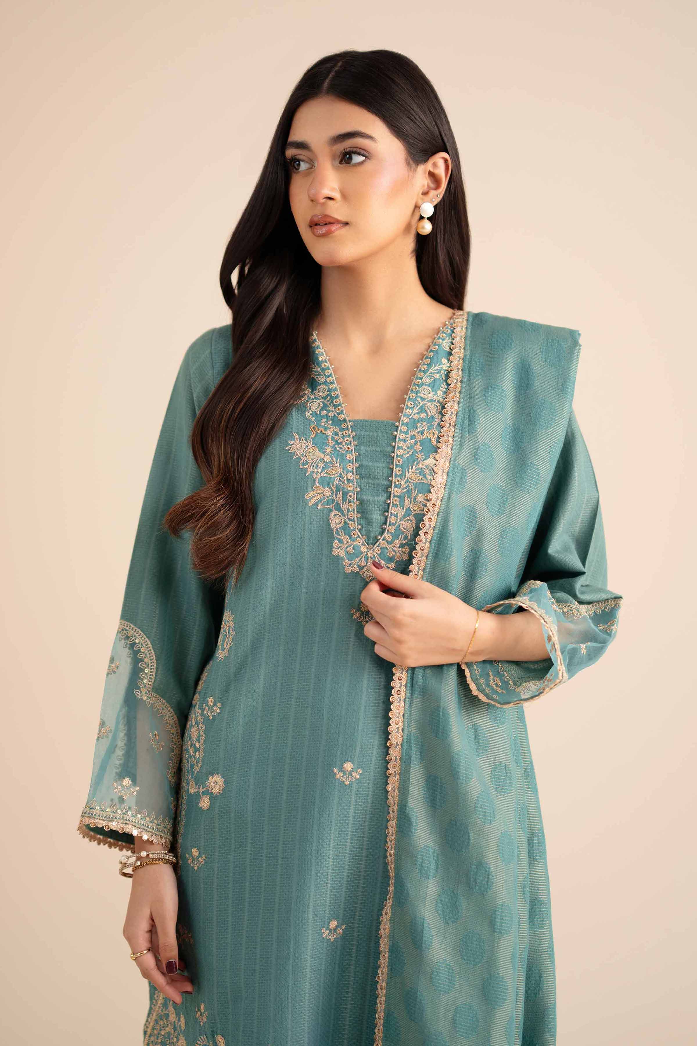 3 Piece - Embroidered Suit - PW25-406 READY TO WEAR Blue Jacquard 3PC Embroidered