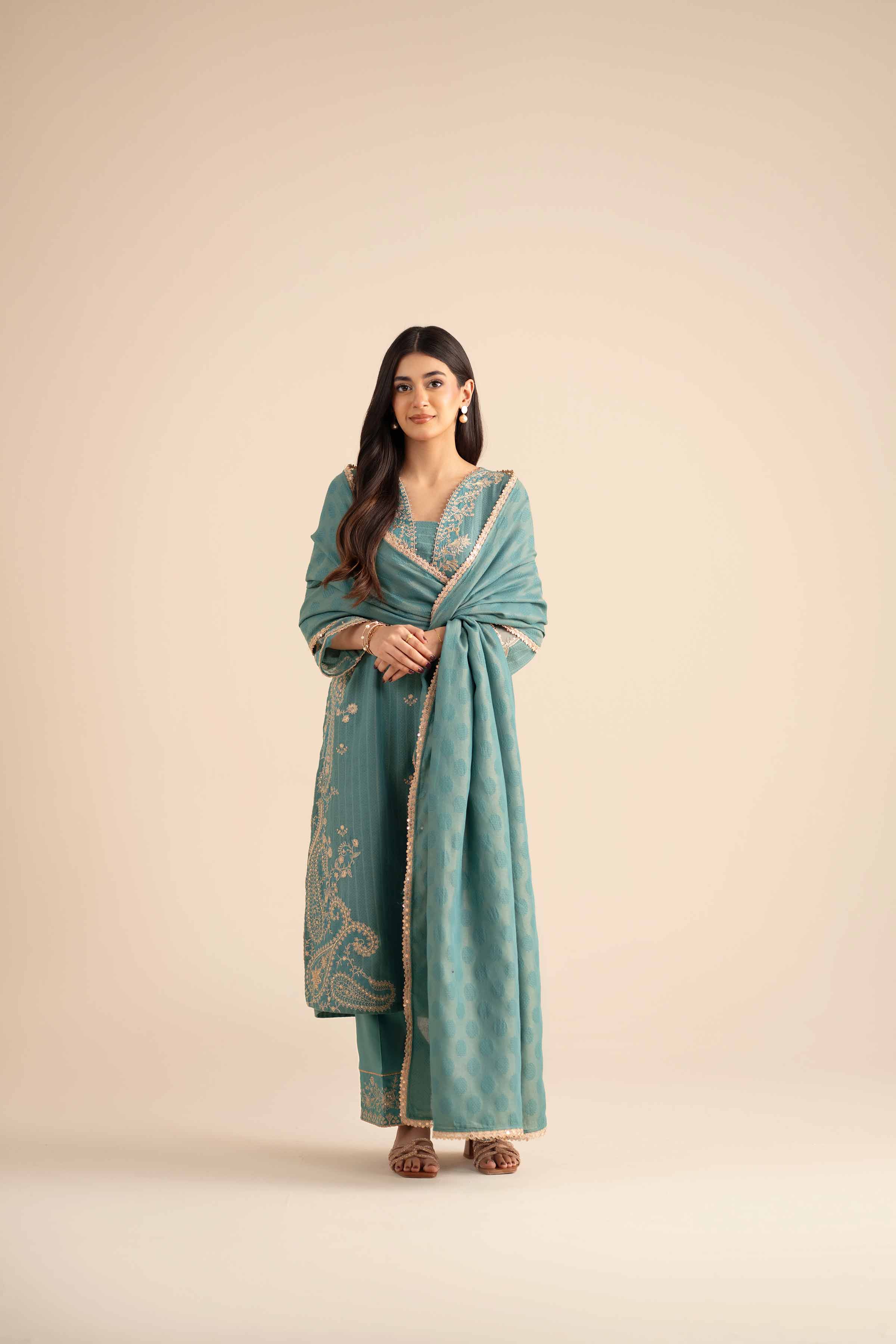 3 Piece - Embroidered Suit - PW25-406 READY TO WEAR Blue Jacquard 3PC Embroidered