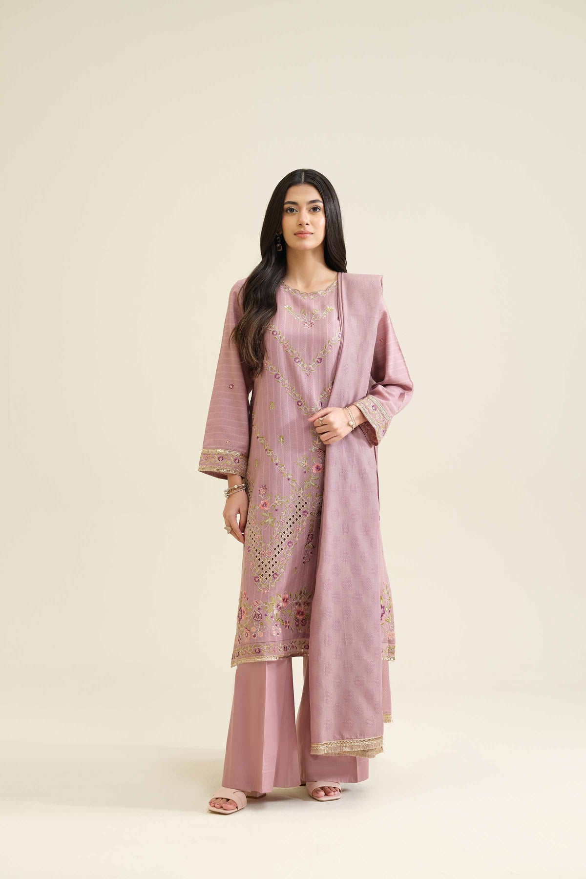 3 Piece - Embroidered Suit - PW25-407 Pink Jacquard 3PC Embroidered Nishat Australia