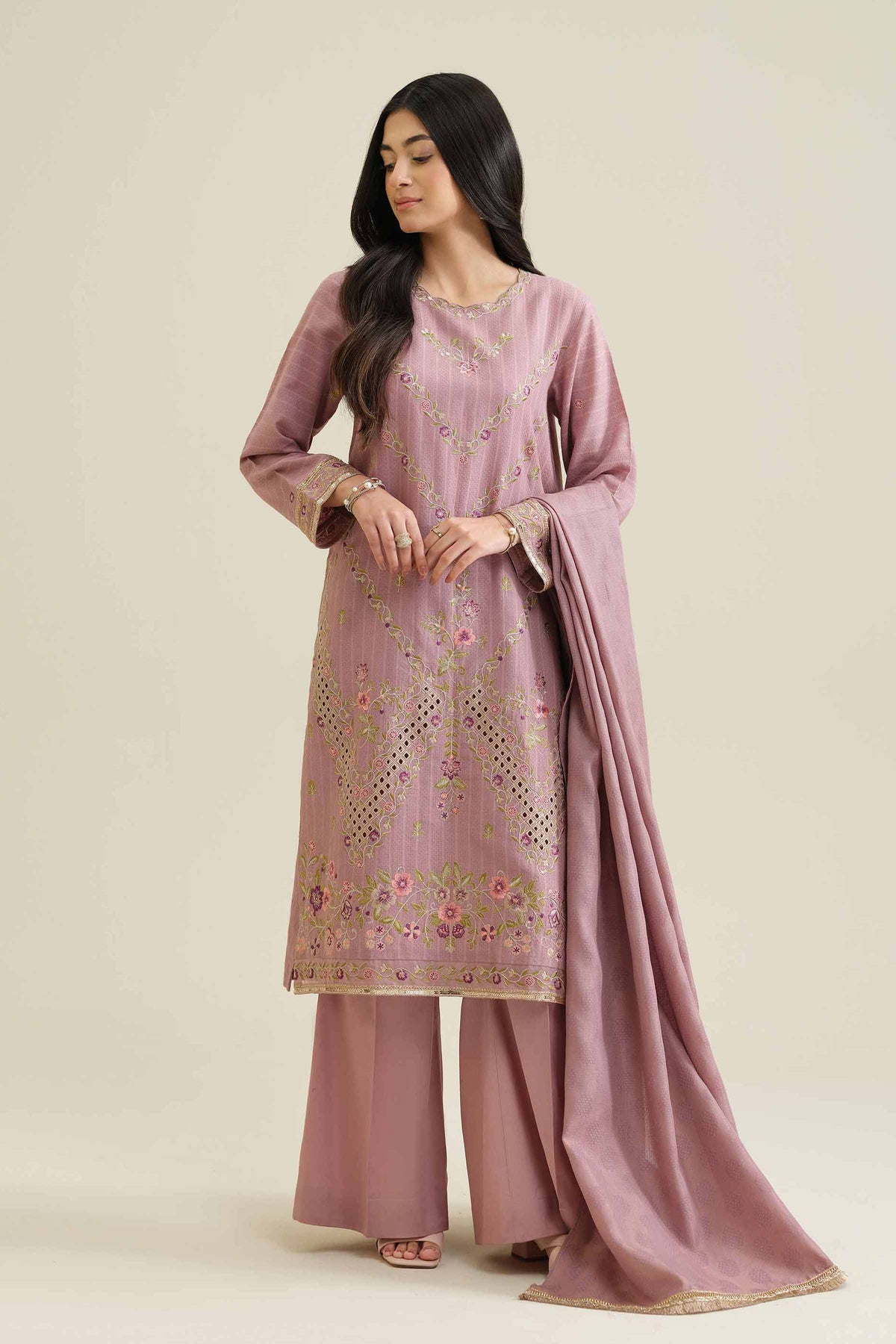 3 Piece - Embroidered Suit - PW25-407 Pink Jacquard 3PC Embroidered Nishat Australia