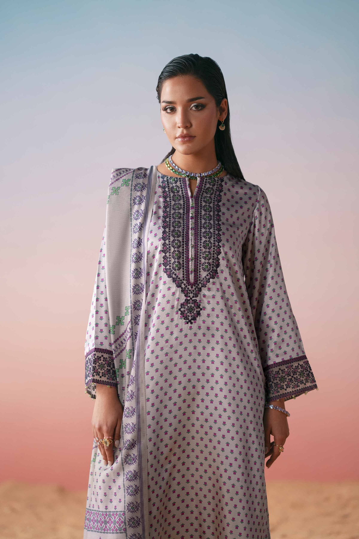 3 Piece - Printed Embroidered Suit - PW25-409 Grey Silk 3PC Embroidered Nishat Australia