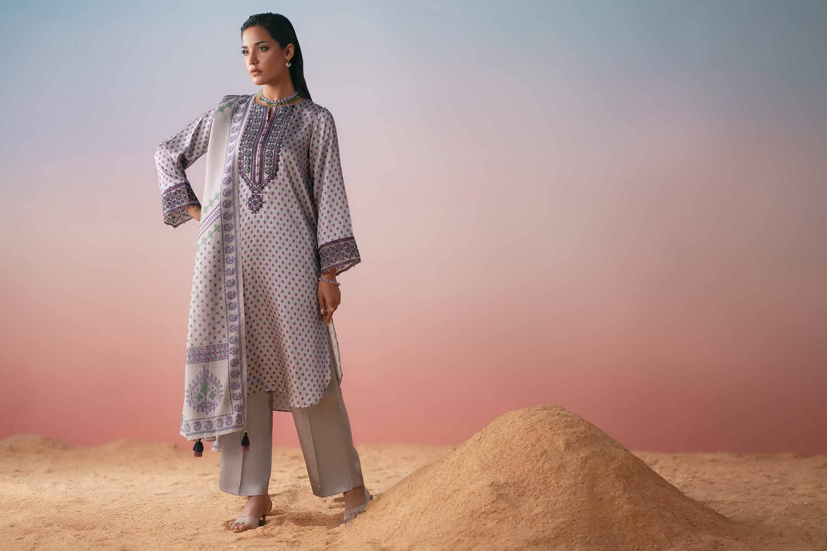 3 Piece - Printed Embroidered Suit - PW25-409 Grey Silk 3PC Embroidered Nishat Australia