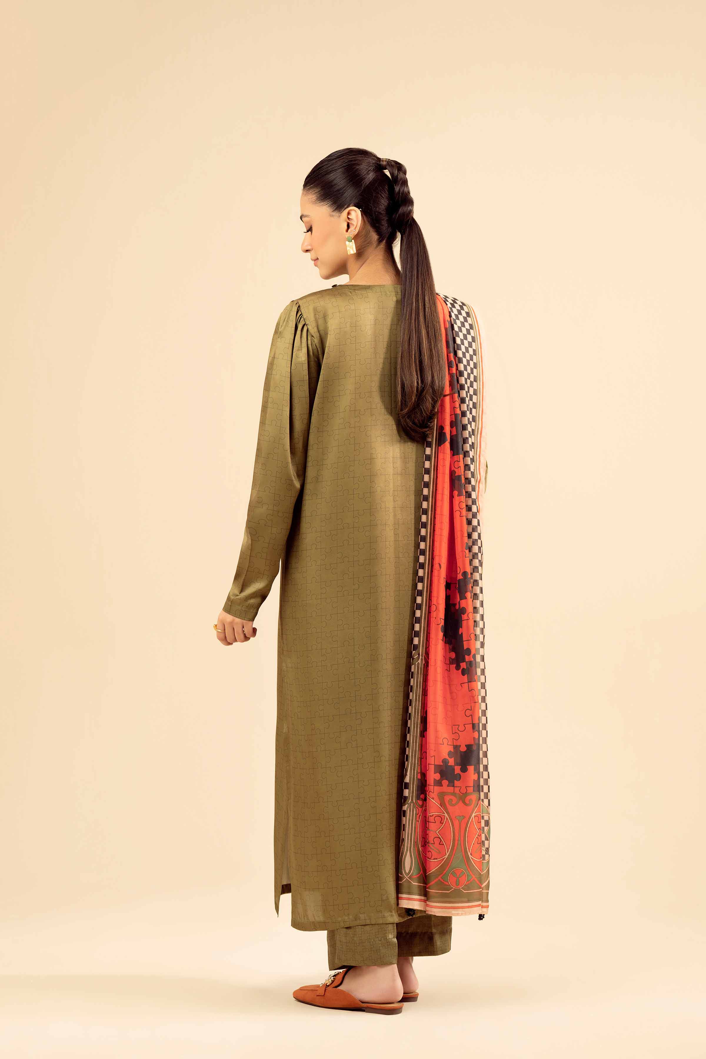 3 Piece - Printed Suit - PW25-410 READY TO WEAR Green Silk 3PC Printed