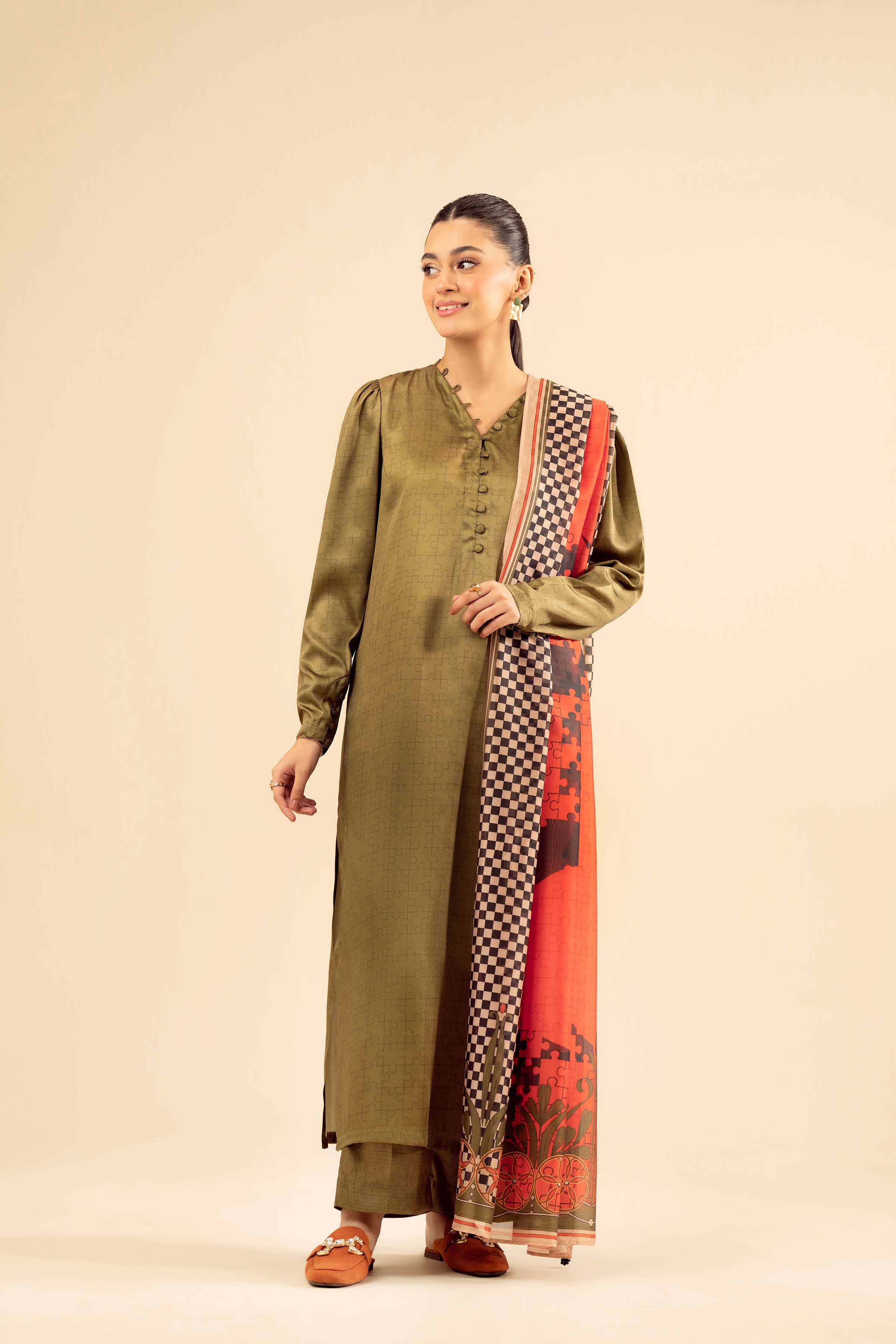 3 Piece - Printed Suit - PW25-410 READY TO WEAR Green Silk 3PC Printed