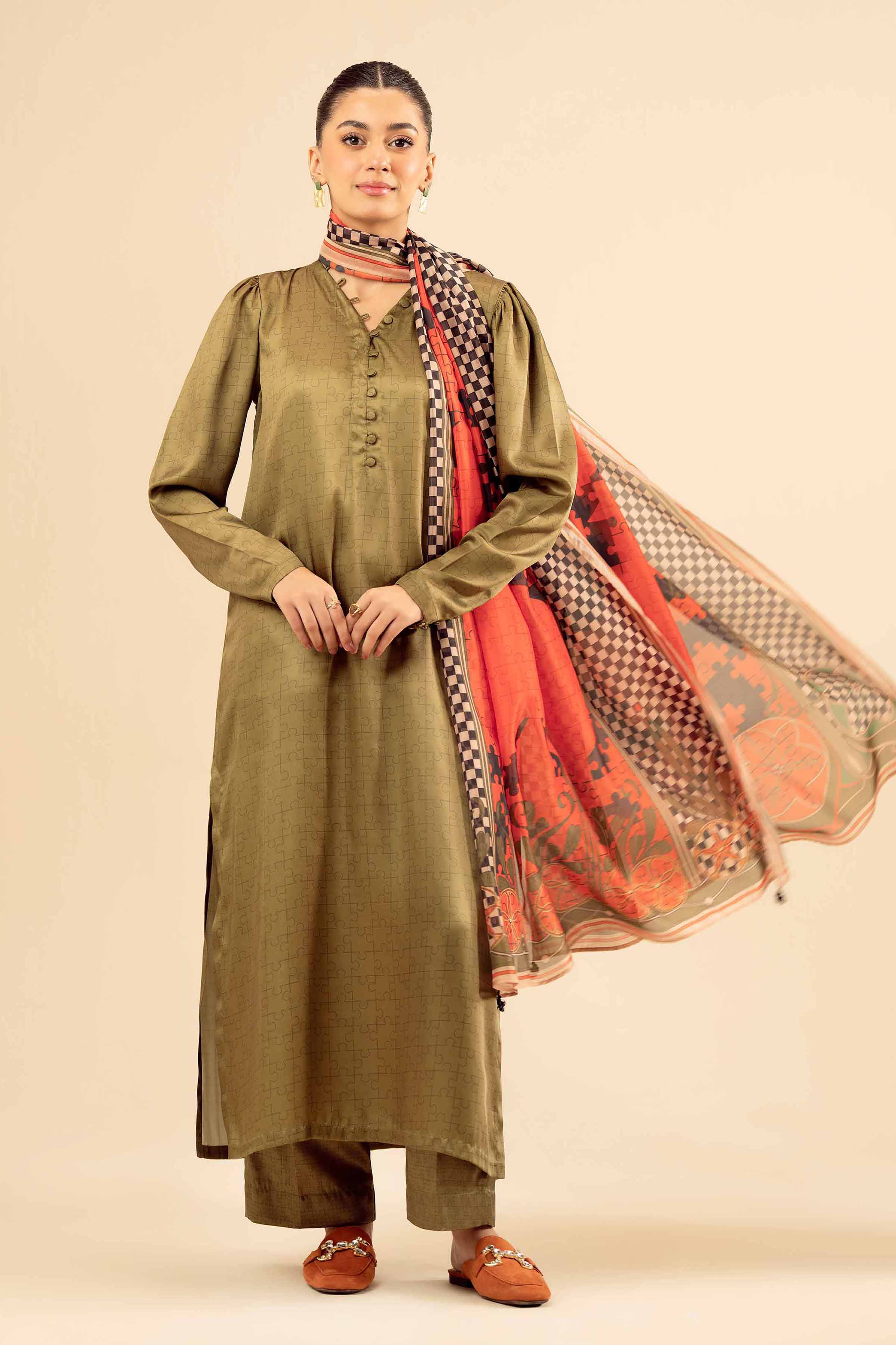3 Piece - Printed Suit - PW25-410 READY TO WEAR Green Silk 3PC Printed