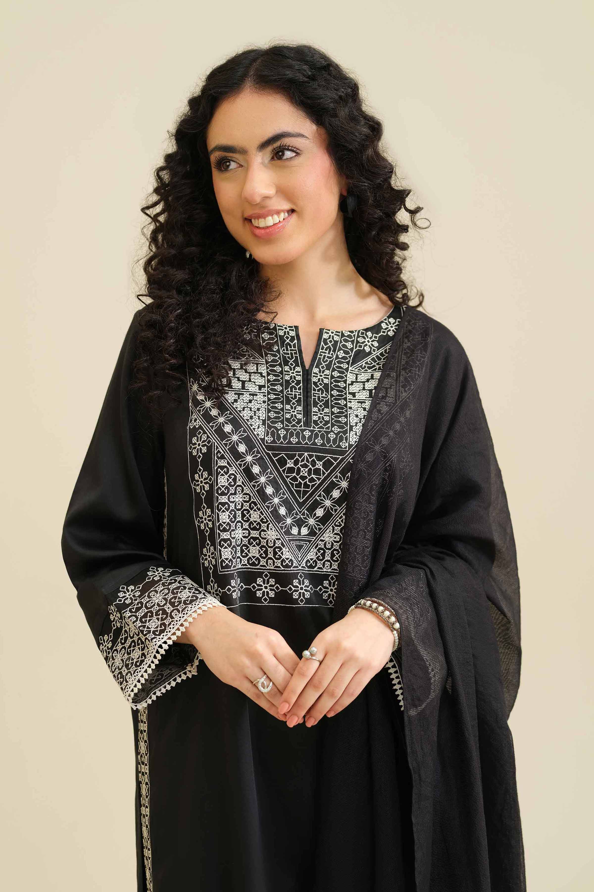 3 Piece - Embroidered Suit - PW25-411 READY TO WEAR Black Sateen 3PC Embroidered