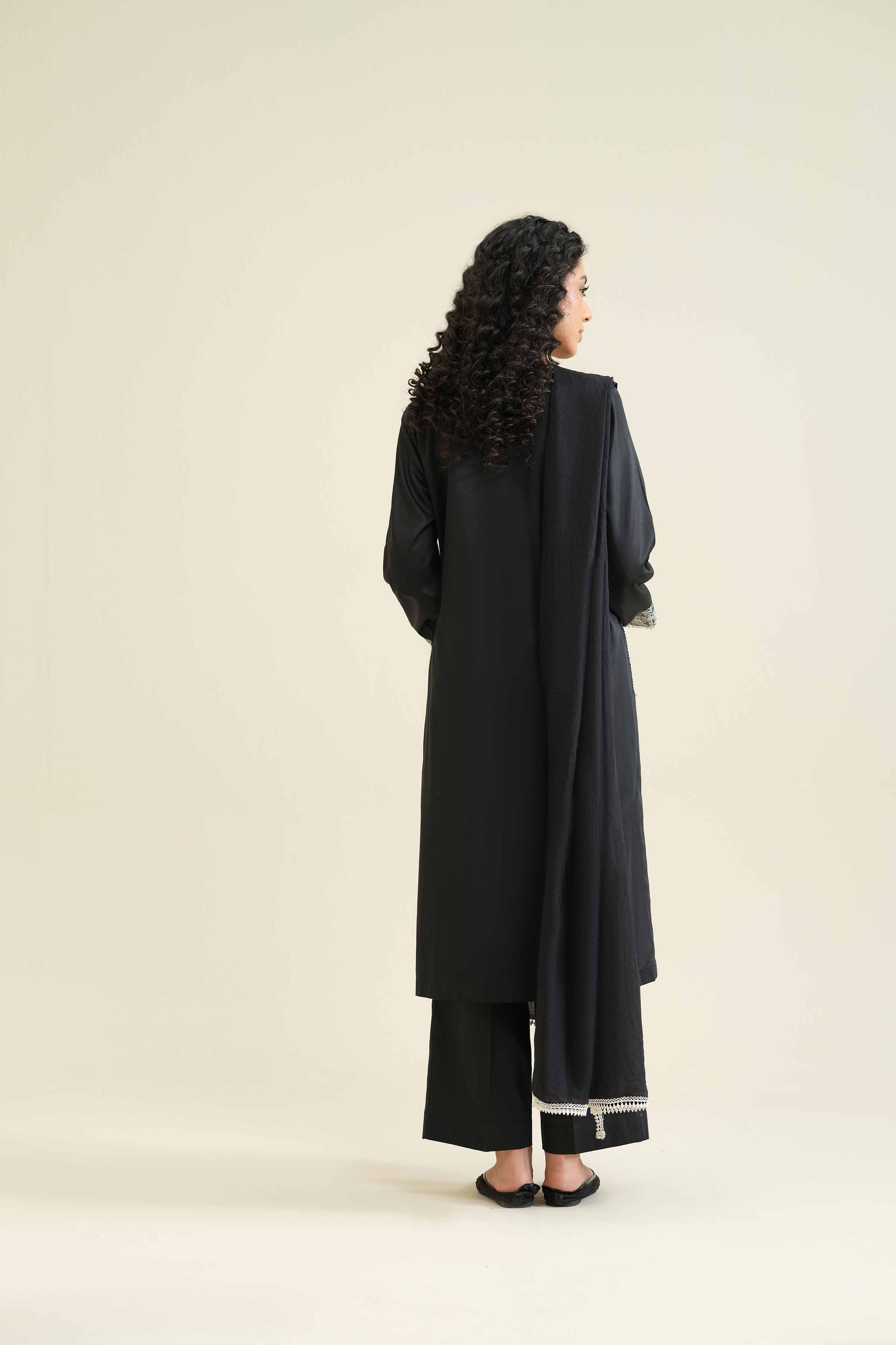 3 Piece - Embroidered Suit - PW25-411 READY TO WEAR Black Sateen 3PC Embroidered