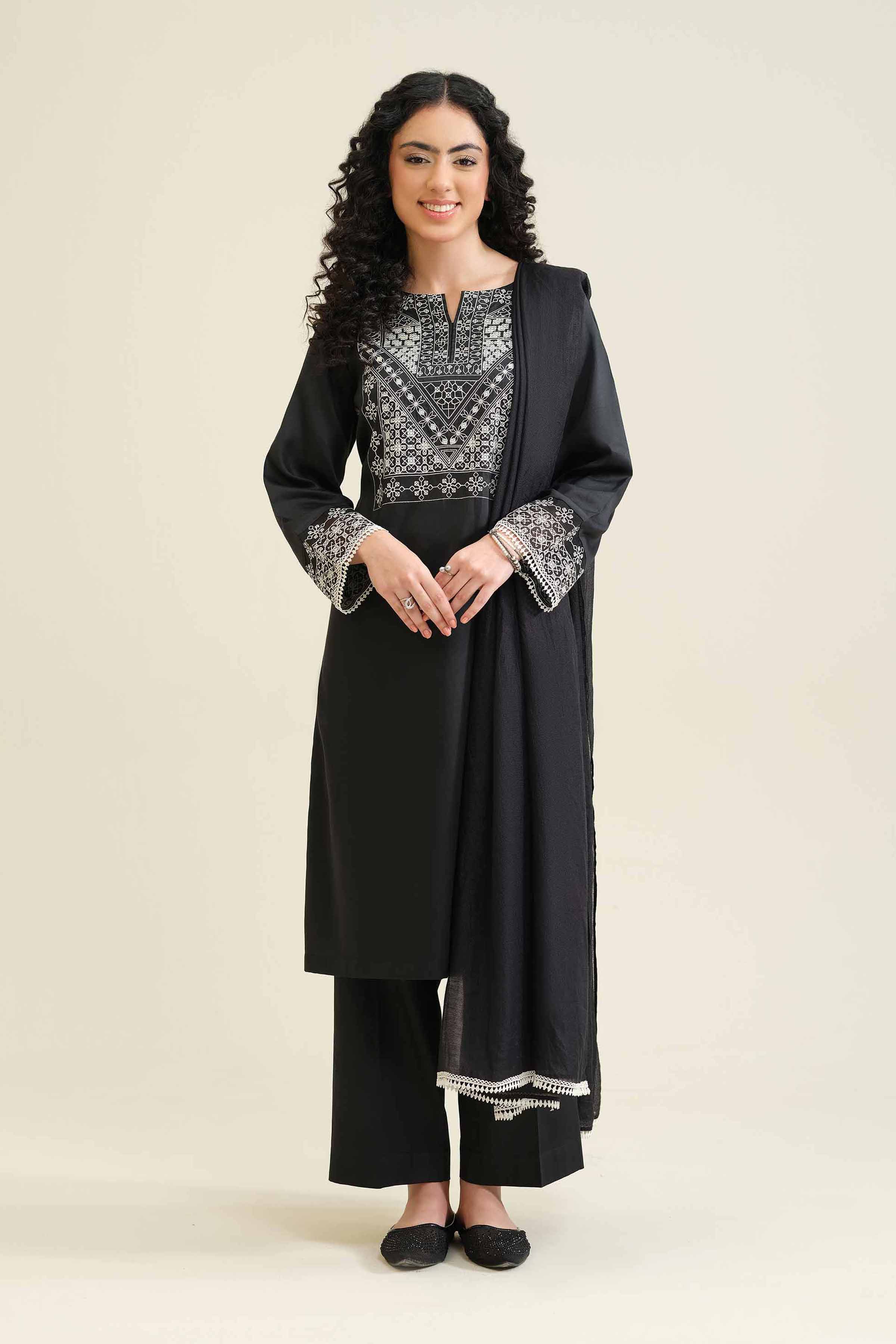 3 Piece - Embroidered Suit - PW25-411 READY TO WEAR Black Sateen 3PC Embroidered