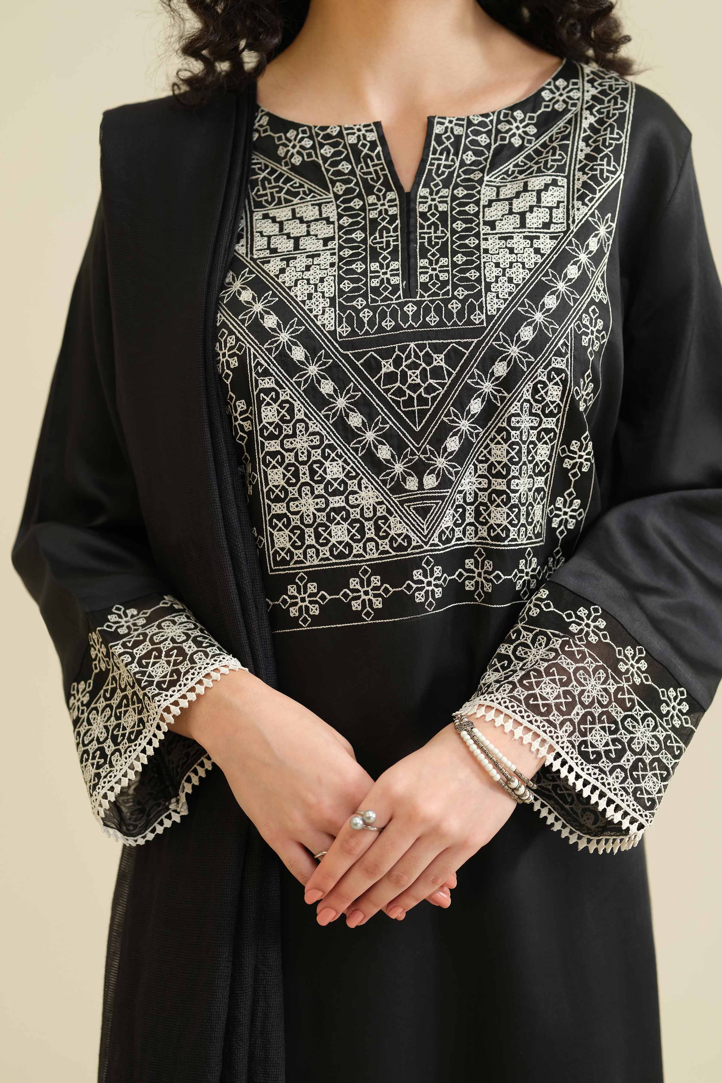 3 Piece - Embroidered Suit - PW25-411 READY TO WEAR Black Sateen 3PC Embroidered