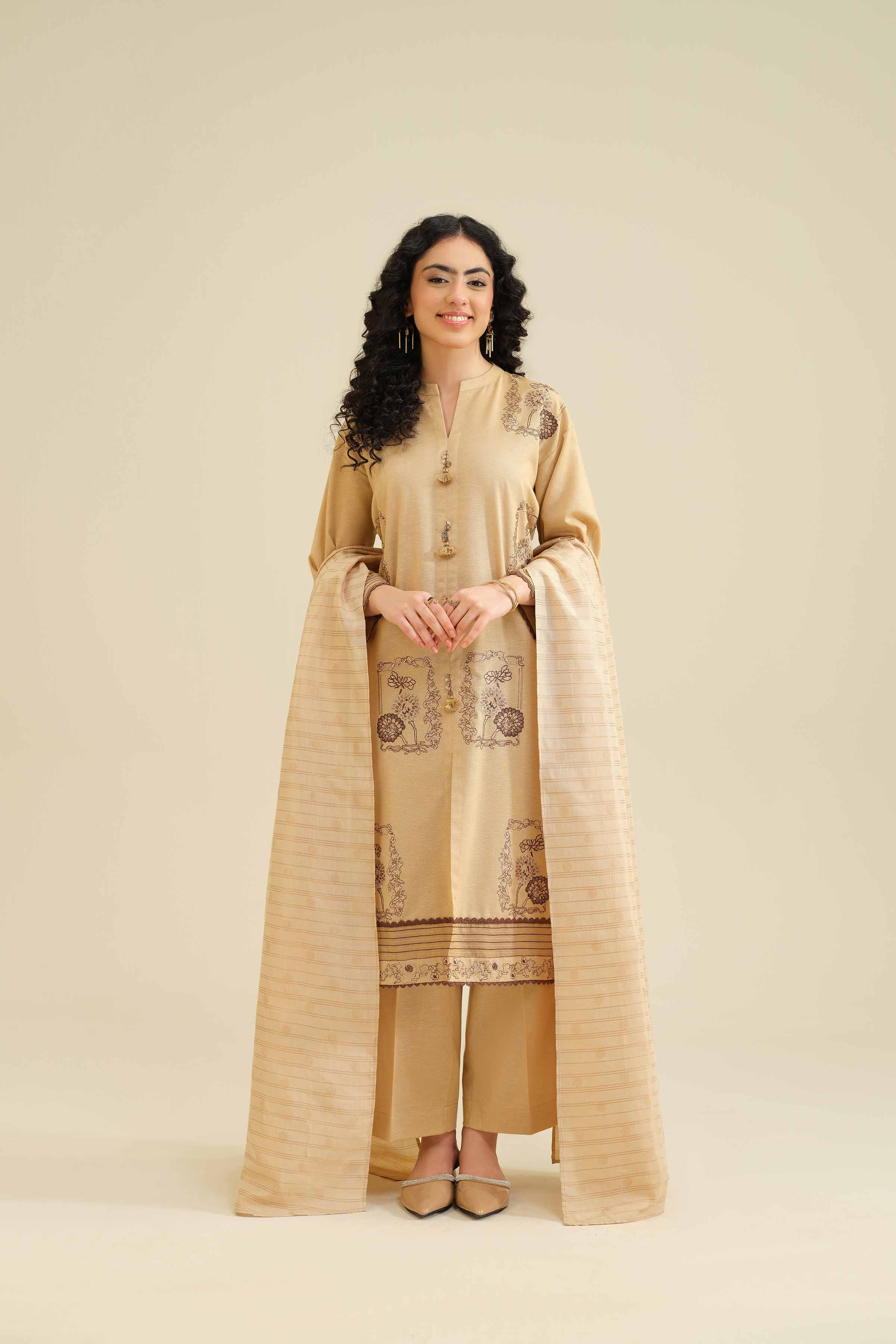 3 Piece - Embroidered Suit - PW25-415 READY TO WEAR Beige Karandi 3PC Embroidered