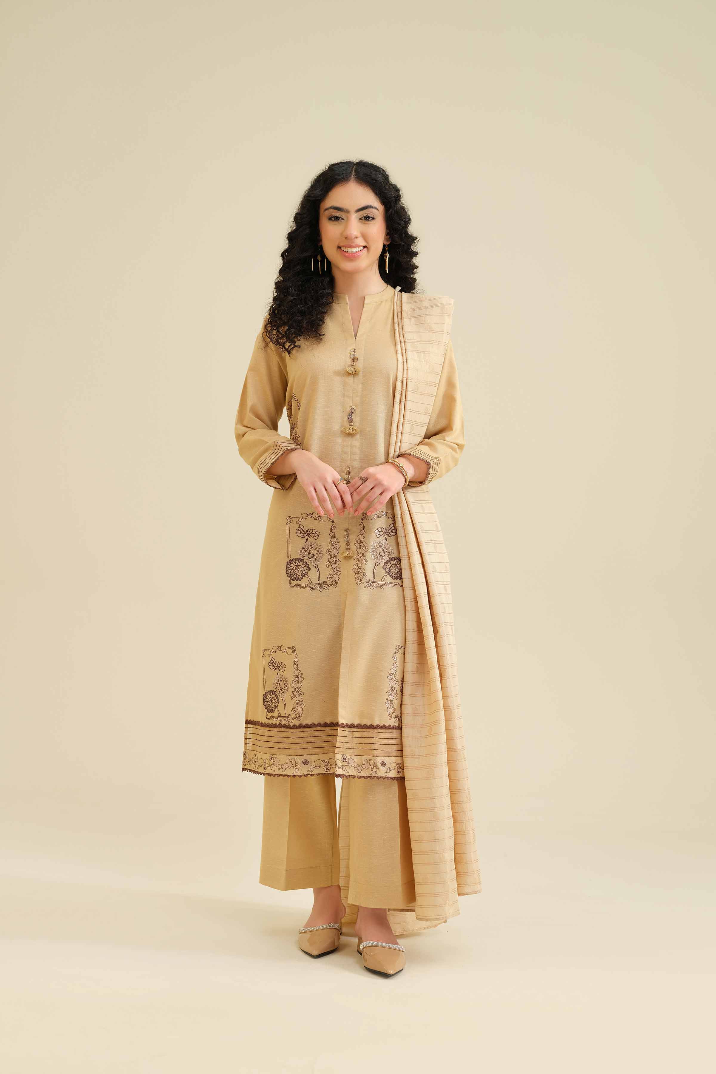 3 Piece - Embroidered Suit - PW25-415 READY TO WEAR Beige Karandi 3PC Embroidered