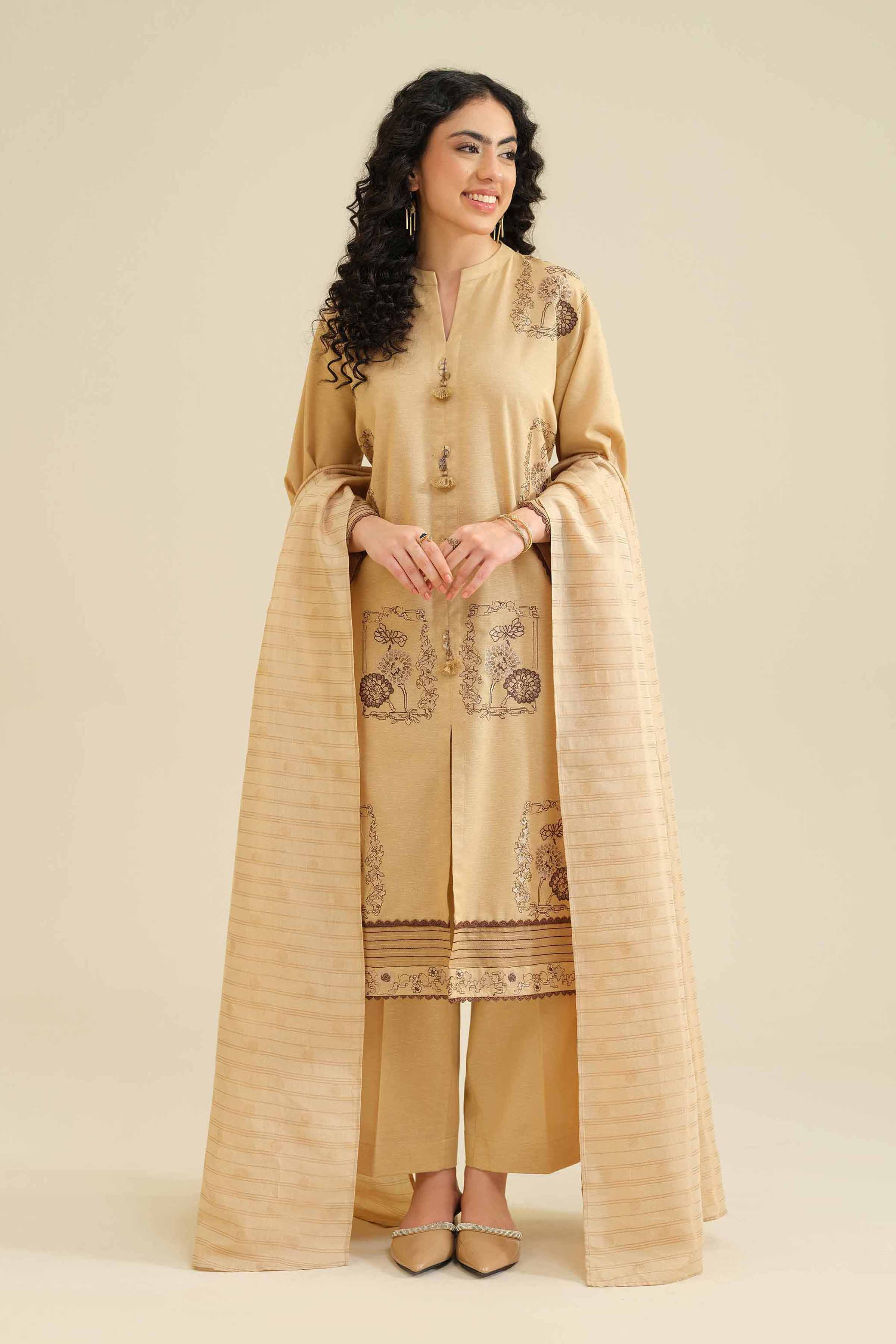 3 Piece - Embroidered Suit - PW25-415 READY TO WEAR Beige Karandi 3PC Embroidered