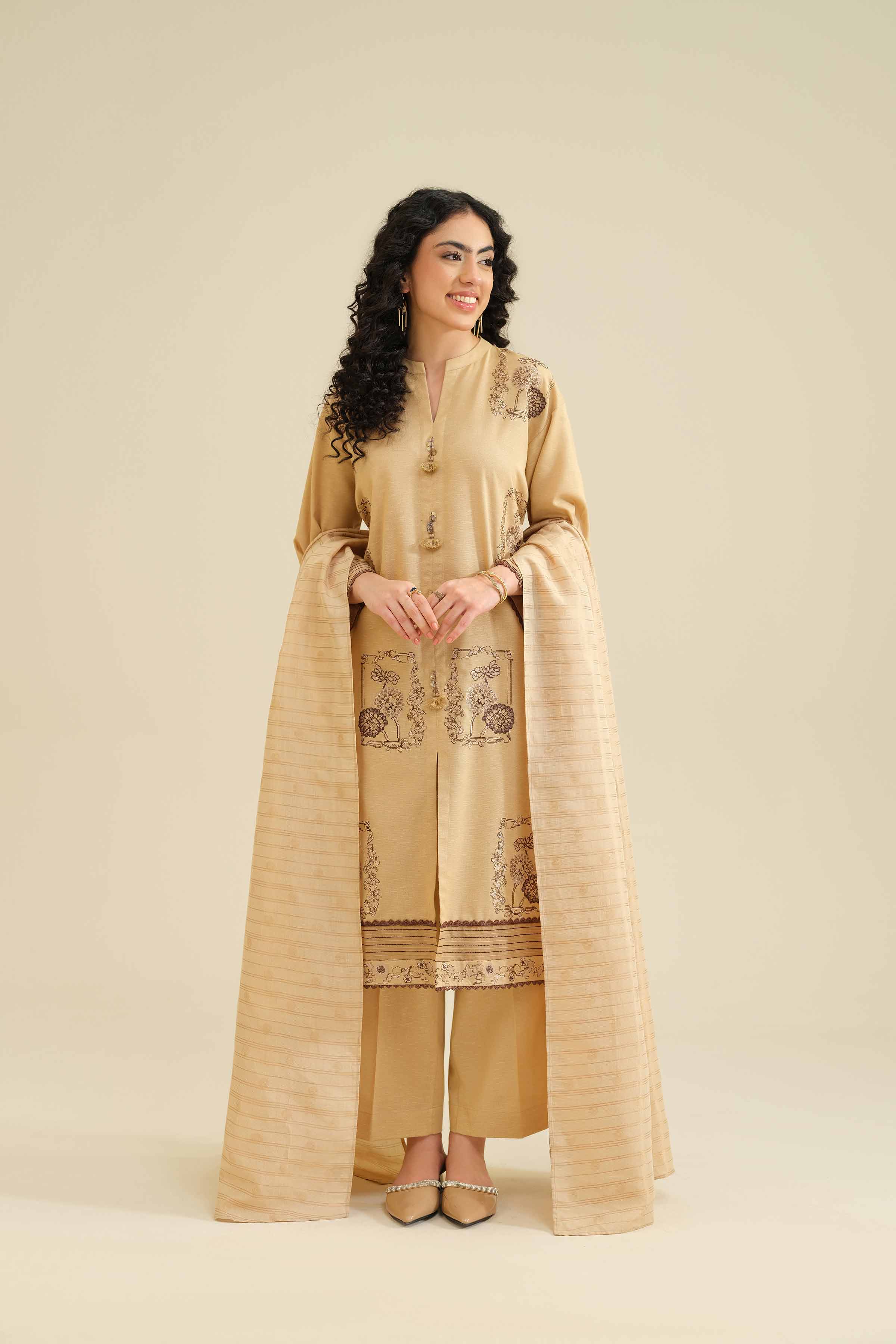 3 Piece - Embroidered Suit - PW25-415 READY TO WEAR Beige Karandi 3PC Embroidered